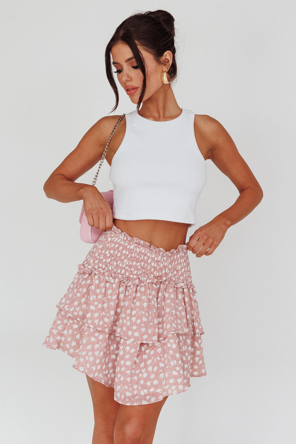 Sylvie Shirred Waist Layered Mini Skirt Pink by Selfie Leslie Australia