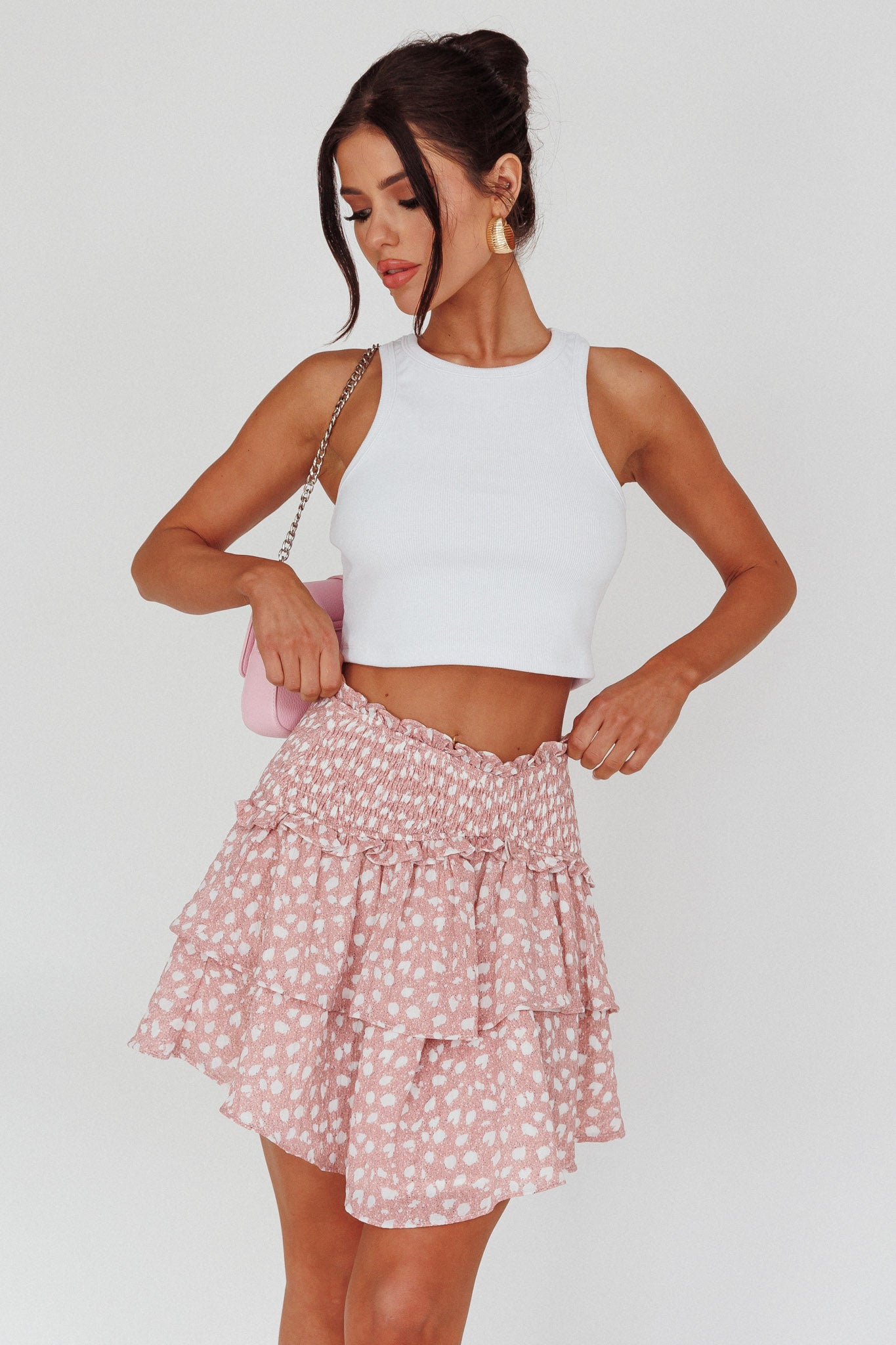 Sylvie Shirred Waist Layered Mini Skirt Pink by Selfie Leslie Australia