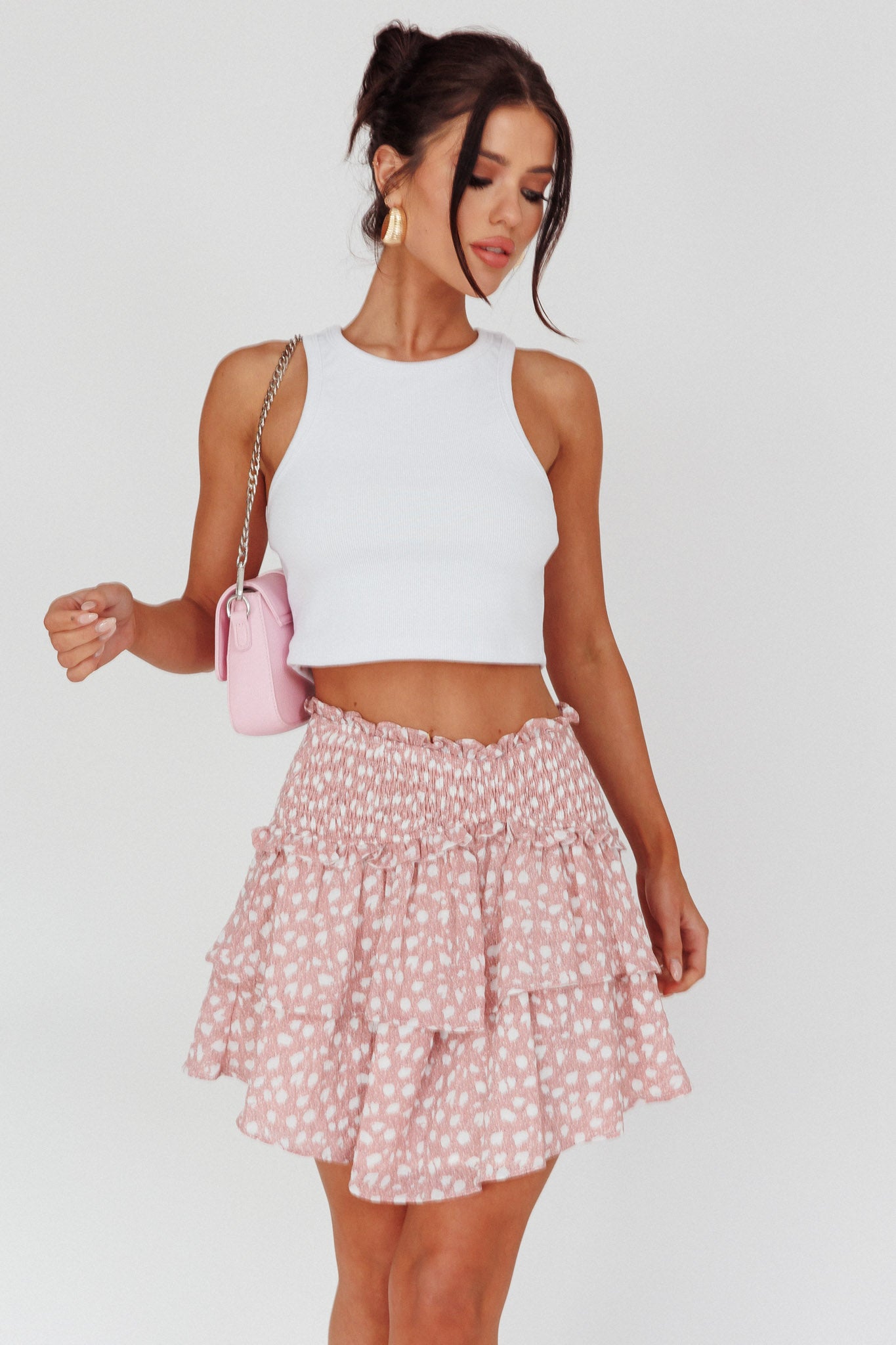 Sylvie Shirred Waist Layered Mini Skirt Pink by Selfie Leslie Australia