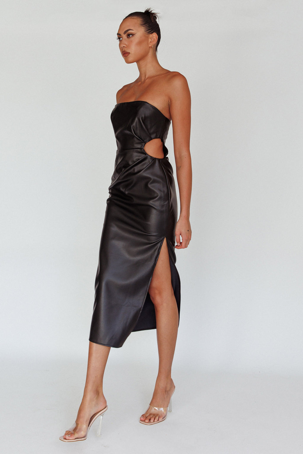 Taking Bets Strapless Midi Dress Leather Black by Selfie Leslie Australia