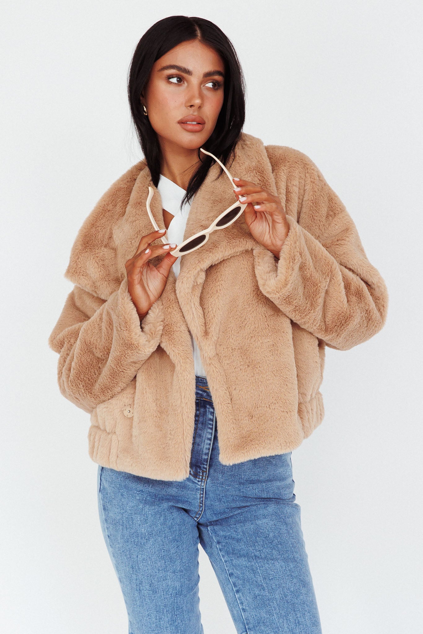 Yaro Long Sleeve Faux Fur Jacket Camel by Selfie Leslie Australia