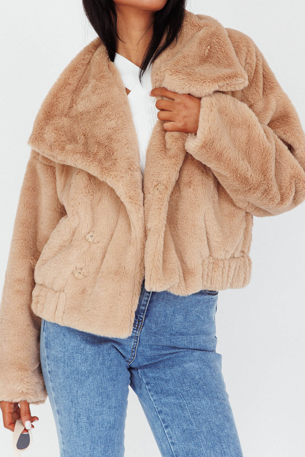 Yaro Long Sleeve Faux Fur Jacket Camel by Selfie Leslie Australia