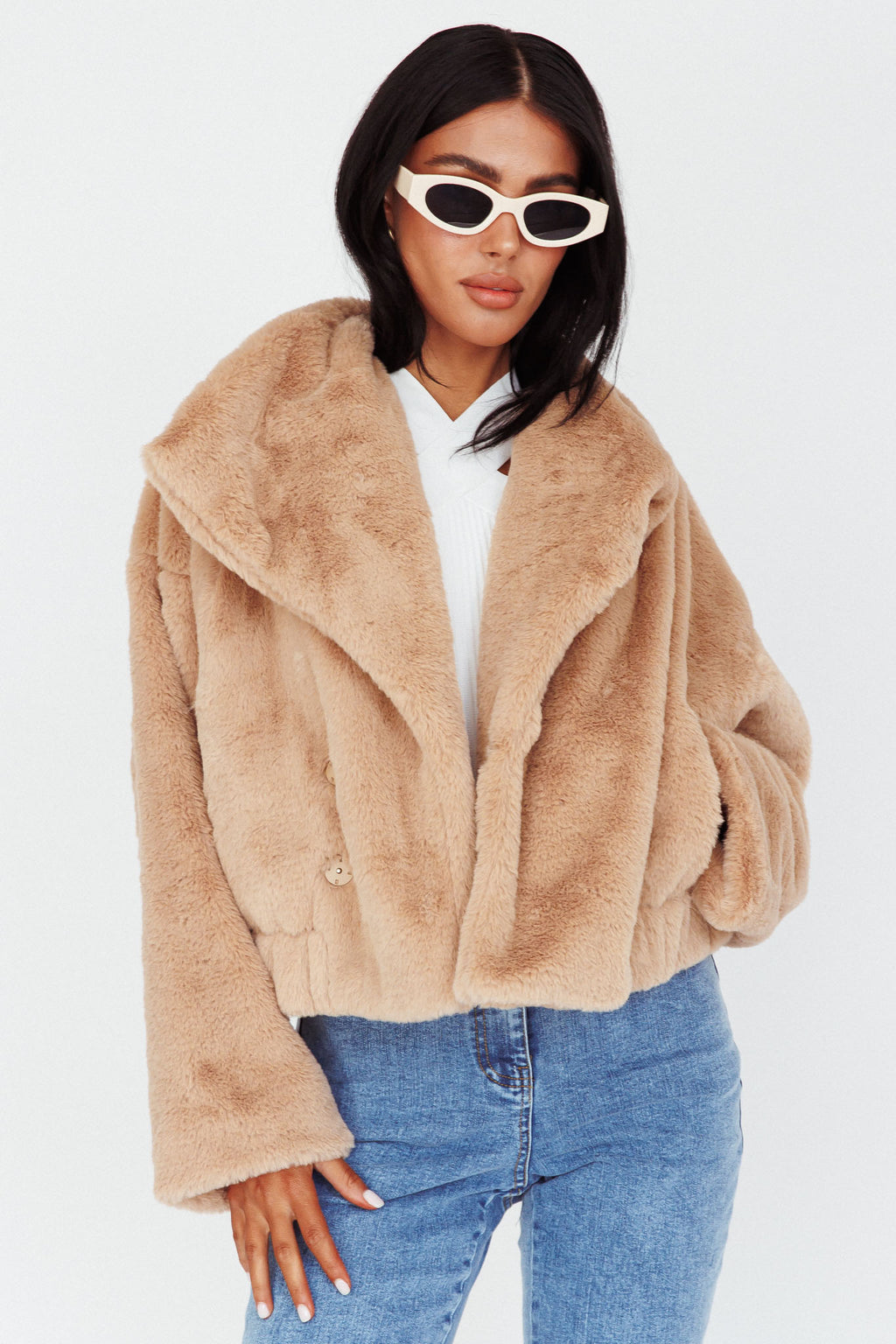 Yaro Long Sleeve Faux Fur Jacket Camel by Selfie Leslie Australia