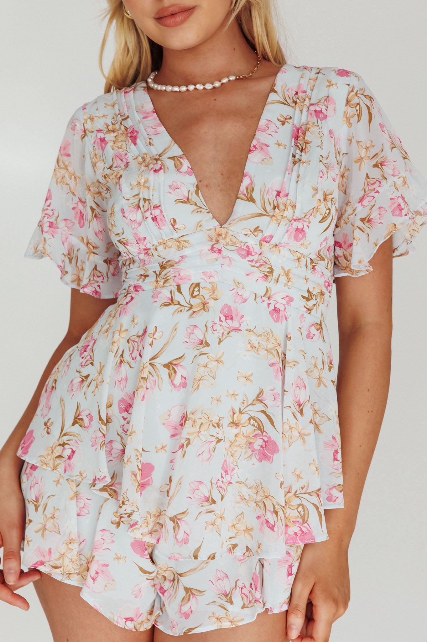 Golden Light Pintuck Pleat Romper Floral Blue by Selfie Leslie Australia
