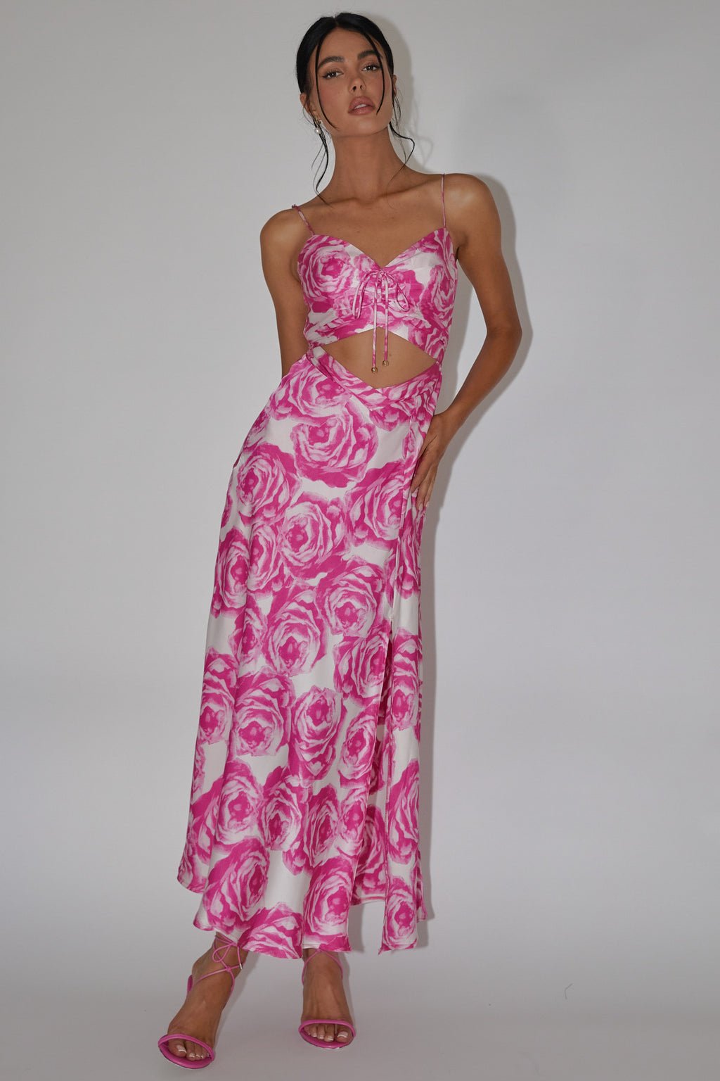 Twin Flame Drawstring Bust Midi Dress Floral Pink by Selfie Leslie Australia