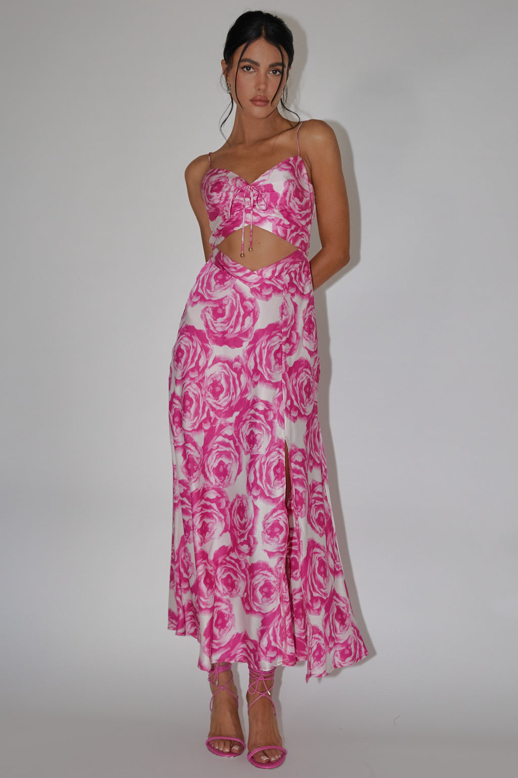 Twin Flame Drawstring Bust Midi Dress Floral Pink by Selfie Leslie Australia