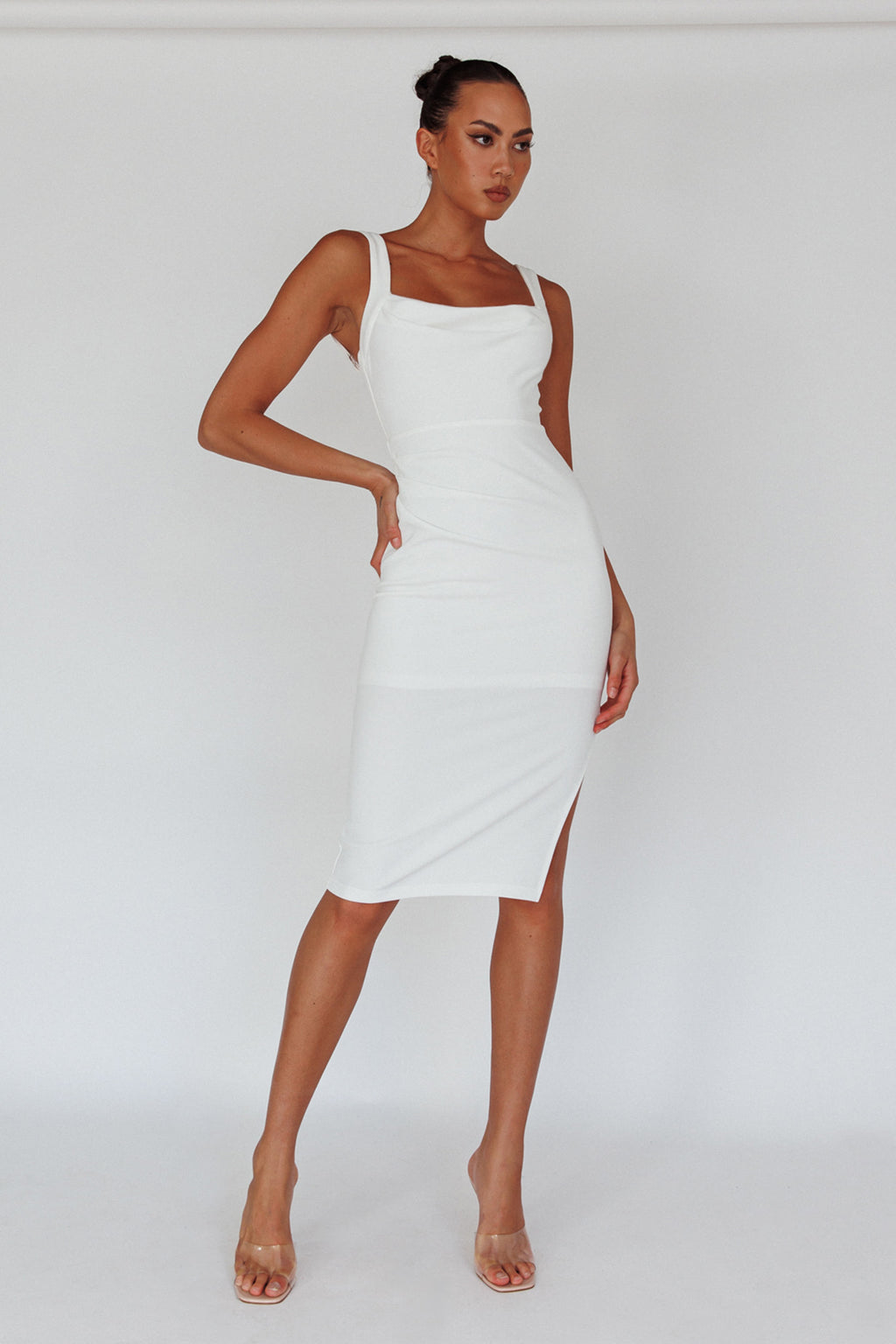 Bella Vista Cowl Neckline Thick Strap Knee Length Dress White by Selfie Leslie Australia