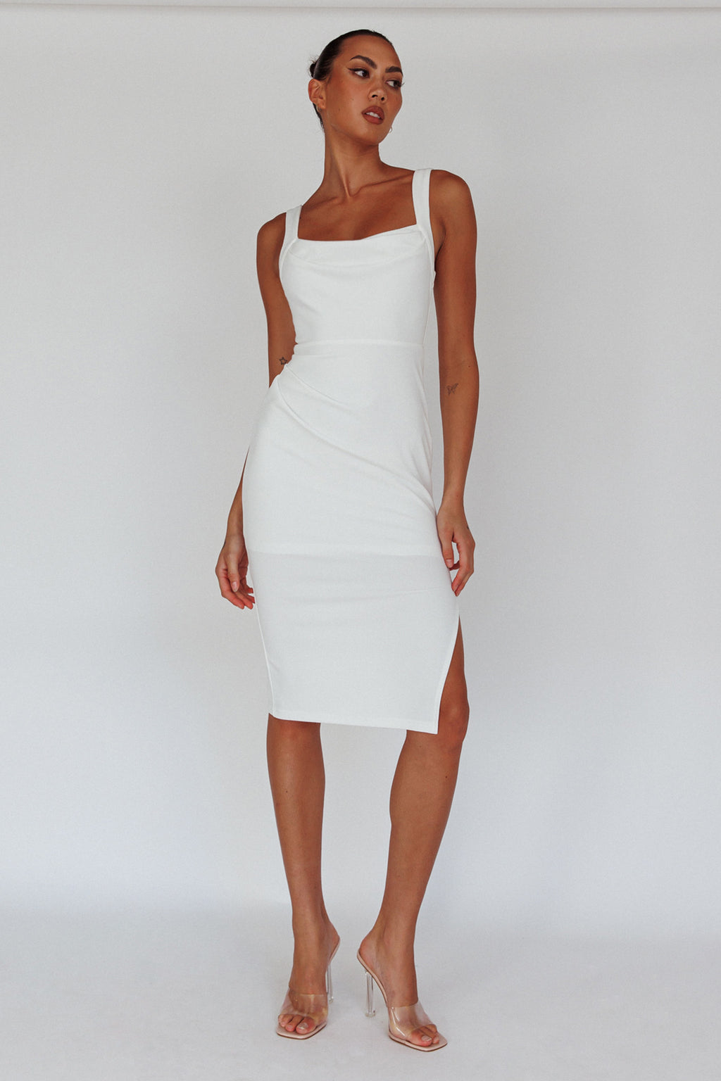Bella Vista Cowl Neckline Thick Strap Knee Length Dress White by Selfie Leslie Australia