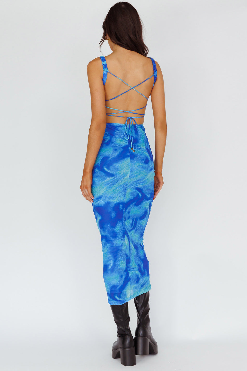 Dream Crush Lace-Up Back Side Split Maxi Dress Swirl Blue by Selfie Leslie Australia