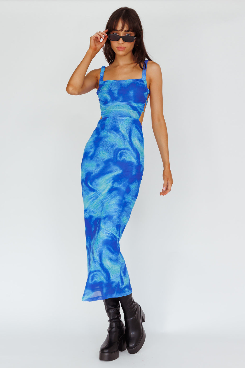 Dream Crush Lace-Up Back Side Split Maxi Dress Swirl Blue by Selfie Leslie Australia