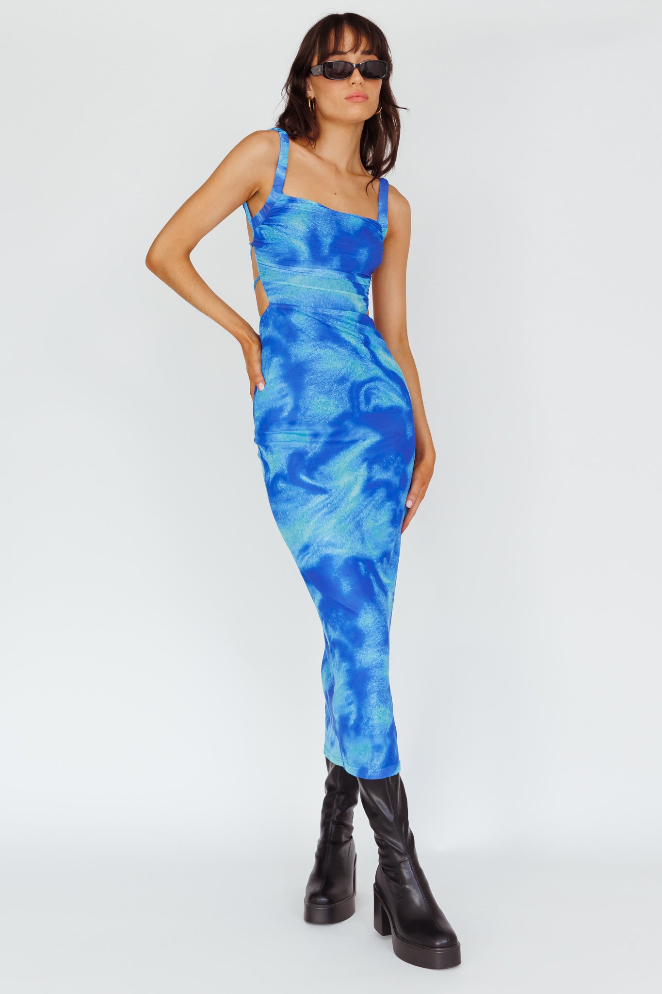 Dream Crush Lace-Up Back Side Split Maxi Dress Swirl Blue by Selfie Leslie Australia