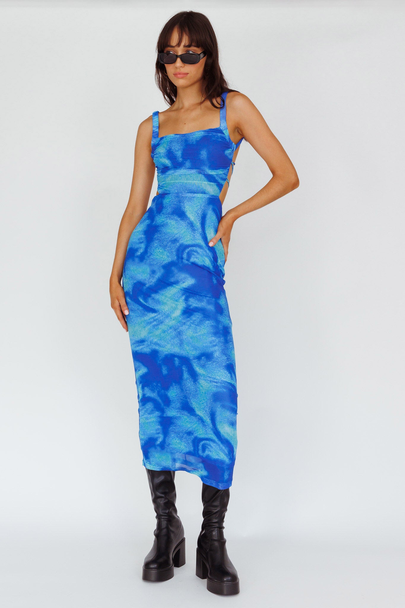 Dream Crush Lace-Up Back Side Split Maxi Dress Swirl Blue by Selfie Leslie Australia