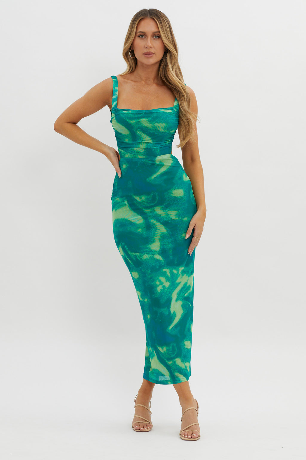 Dream Crush Lace-Up Back Side Split Maxi Dress Swirl Green by Selfie Leslie Australia