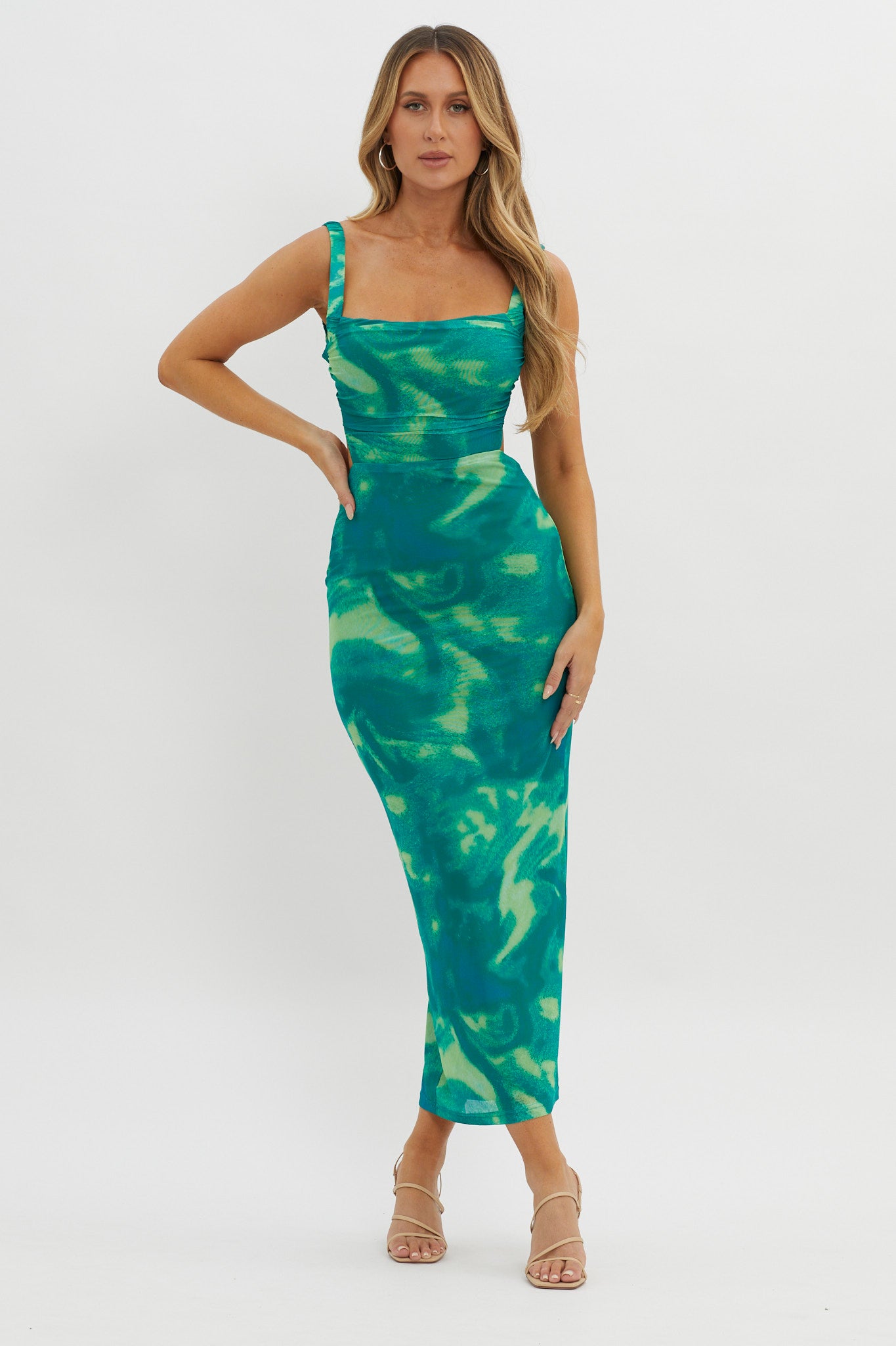 Dream Crush Lace-Up Back Side Split Maxi Dress Swirl Green by Selfie Leslie Australia