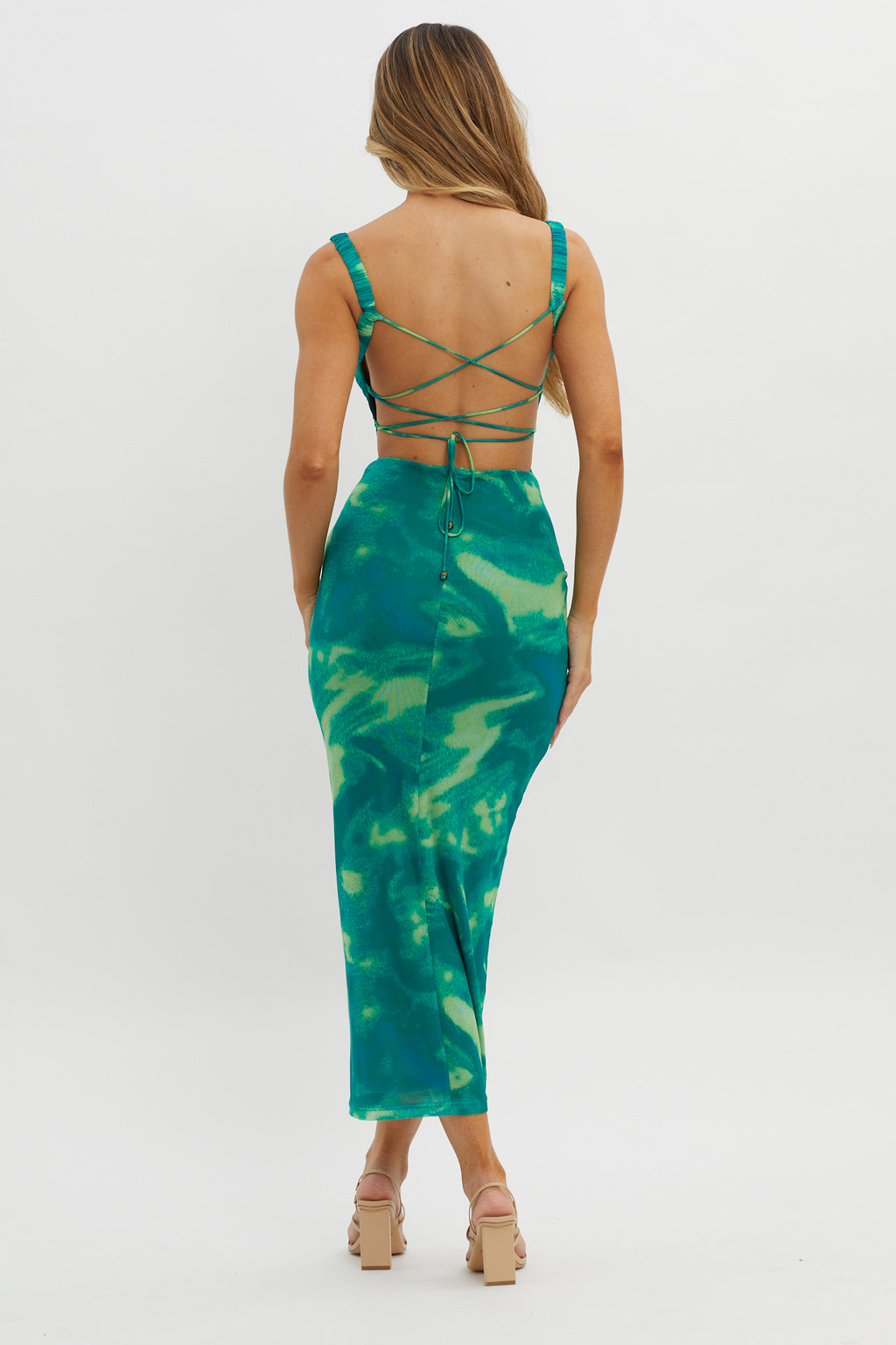 Dream Crush Lace-Up Back Side Split Maxi Dress Swirl Green by Selfie Leslie Australia