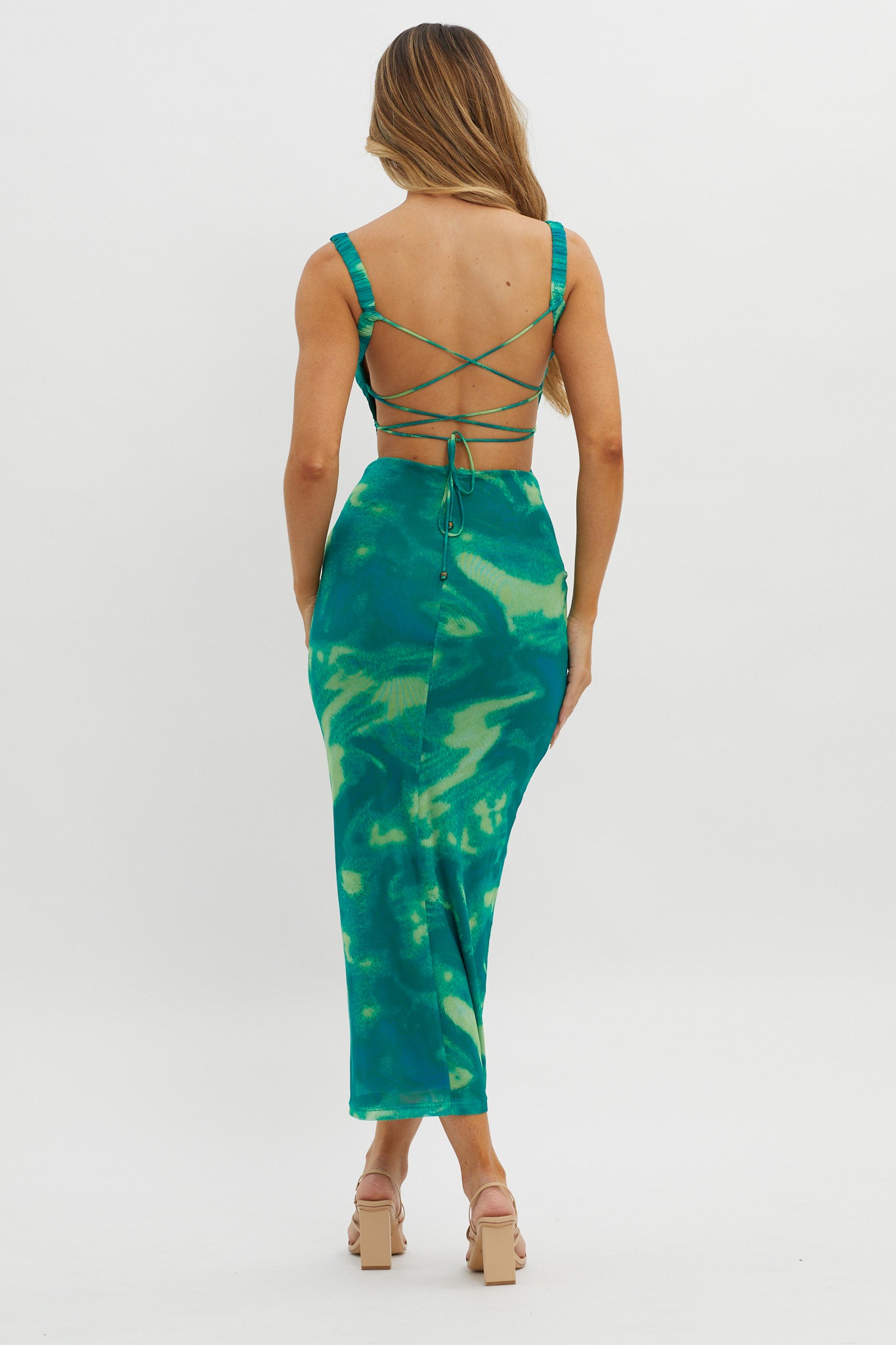 Dream Crush Lace-Up Back Side Split Maxi Dress Swirl Green by Selfie Leslie Australia
