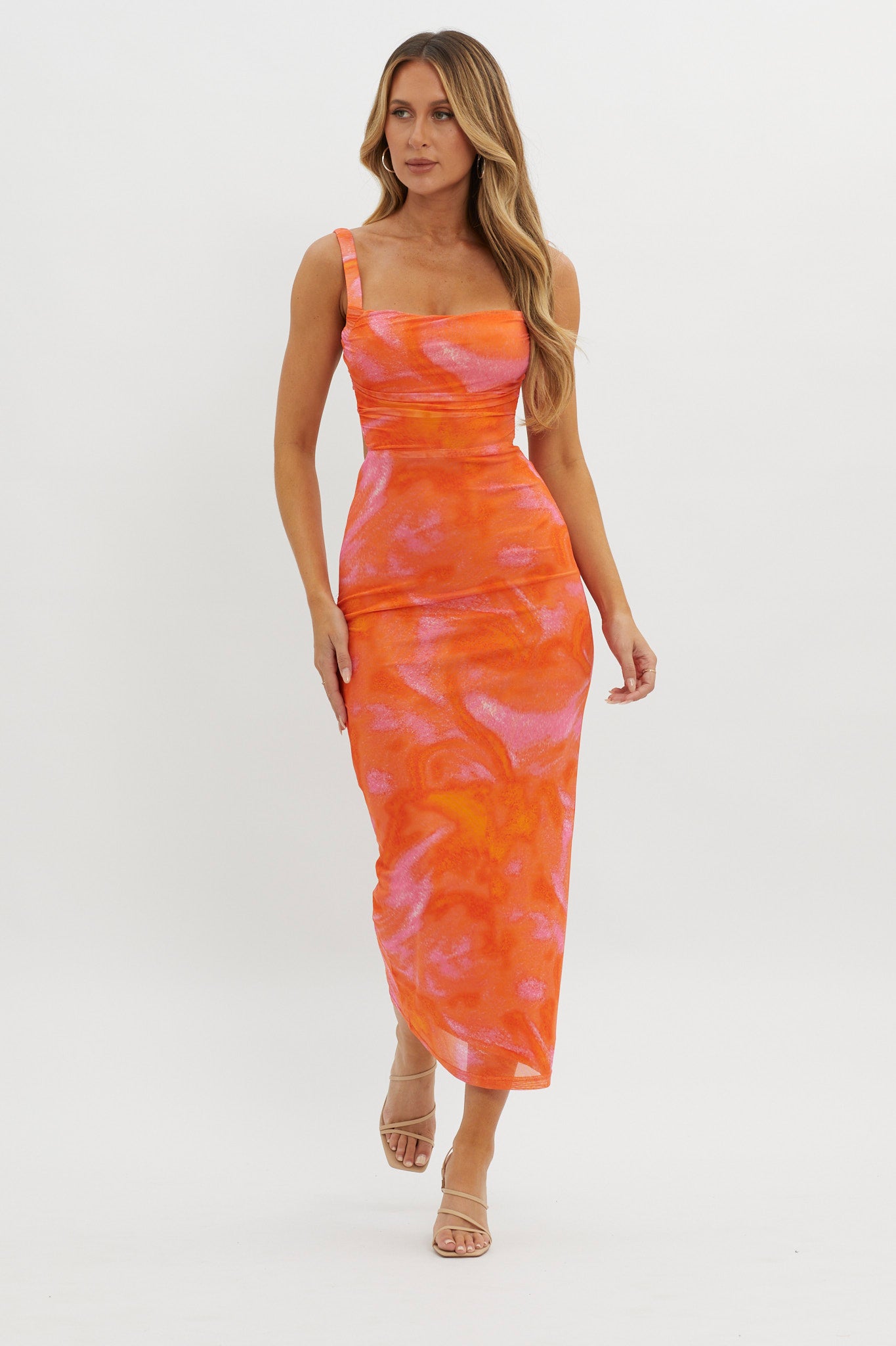 Dream Crush Lace-Up Back Side Split Maxi Dress Swirl Orange by Selfie Leslie Australia