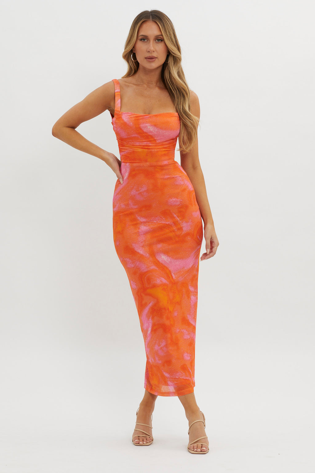 Dream Crush Lace-Up Back Side Split Maxi Dress Swirl Orange by Selfie Leslie Australia