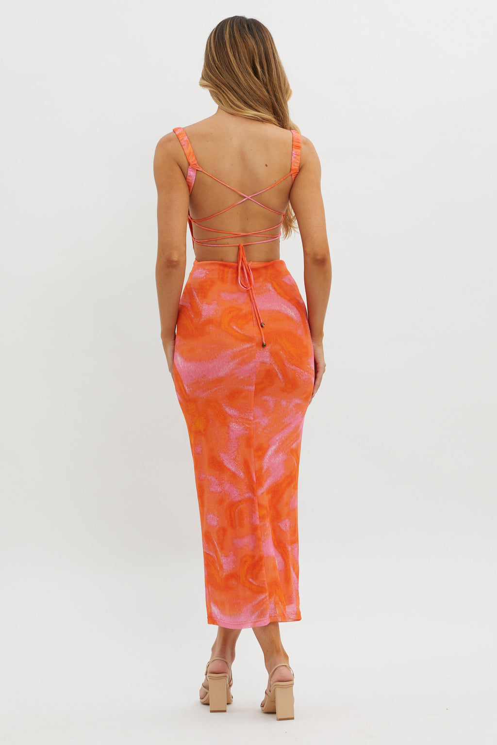 Dream Crush Lace-Up Back Side Split Maxi Dress Swirl Orange by Selfie Leslie Australia