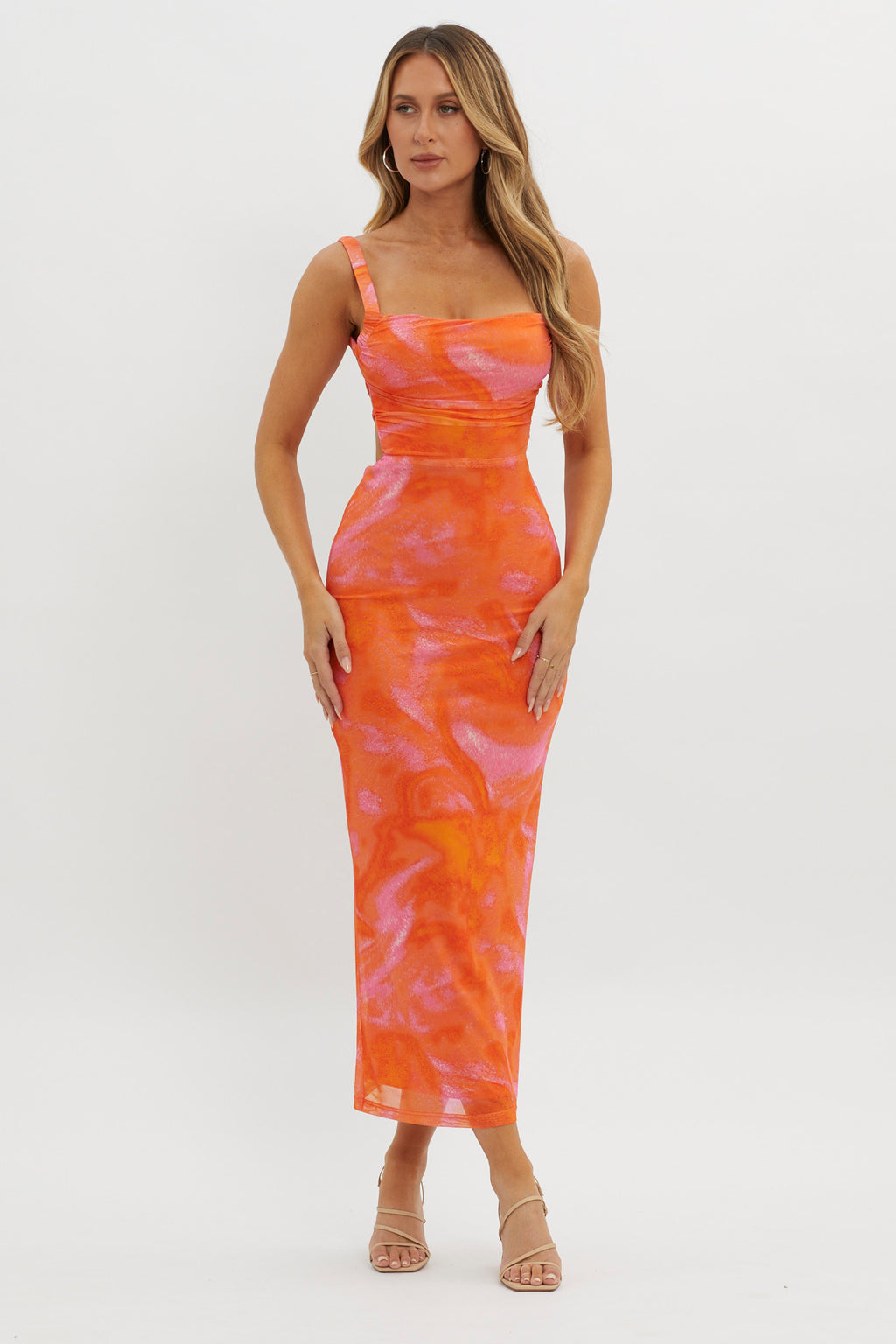 Dream Crush Lace-Up Back Side Split Maxi Dress Swirl Orange by Selfie Leslie Australia