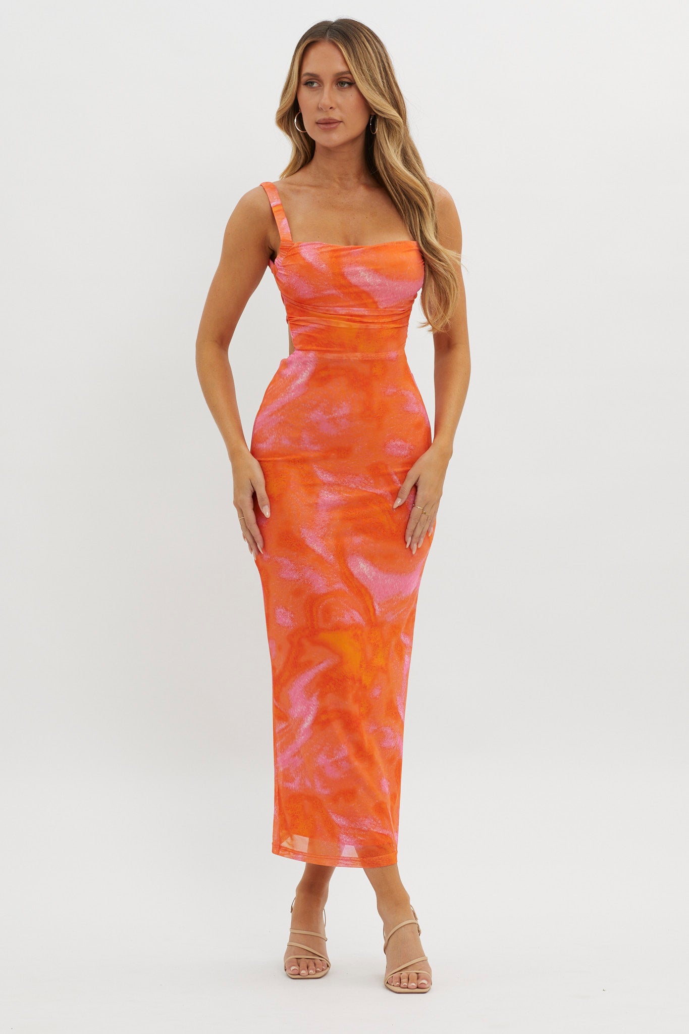 Dream Crush Lace-Up Back Side Split Maxi Dress Swirl Orange by Selfie Leslie Australia