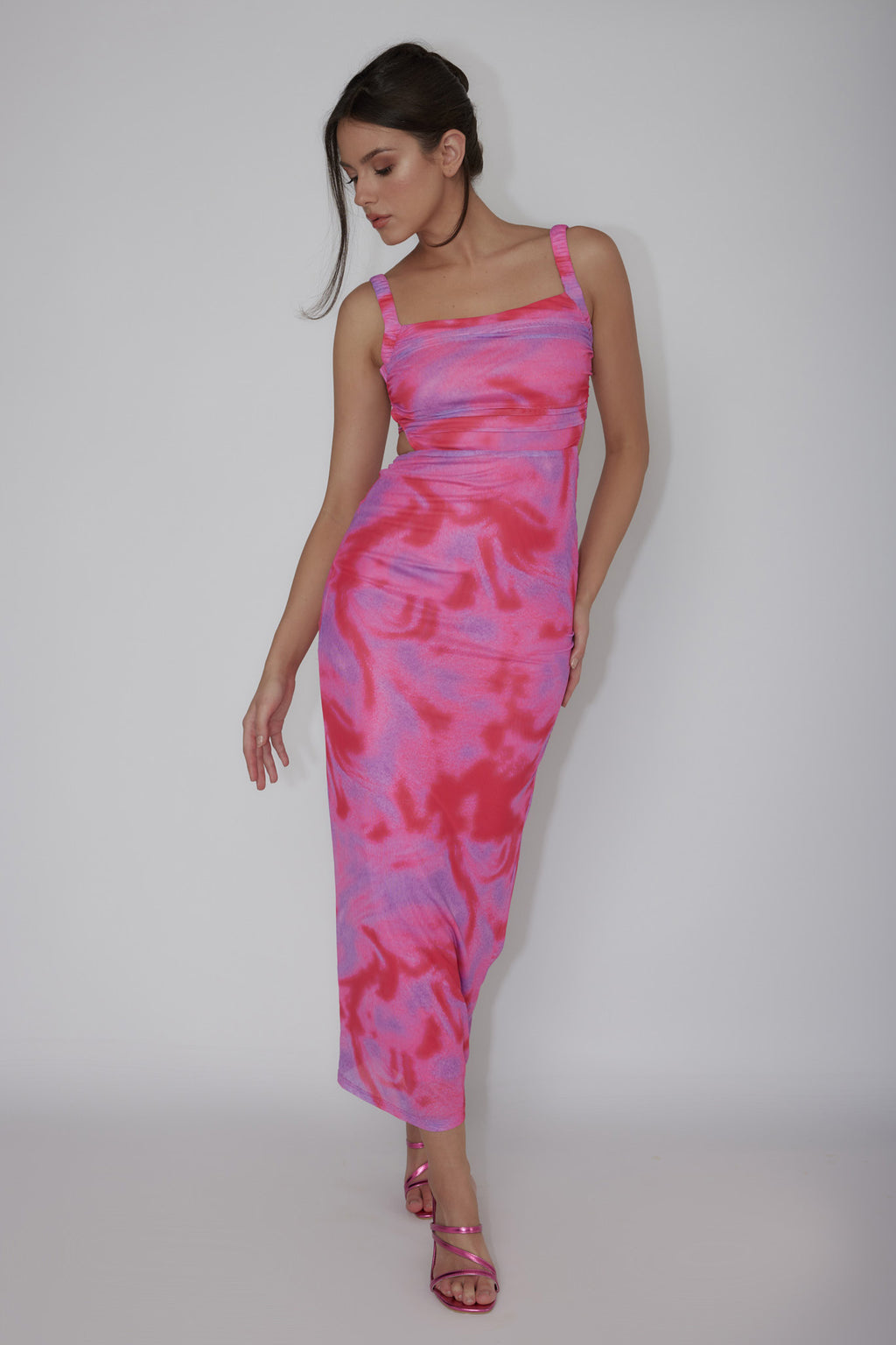 Dream Crush Lace-Up Back Side Split Maxi Dress Swirl Pink by Selfie Leslie Australia