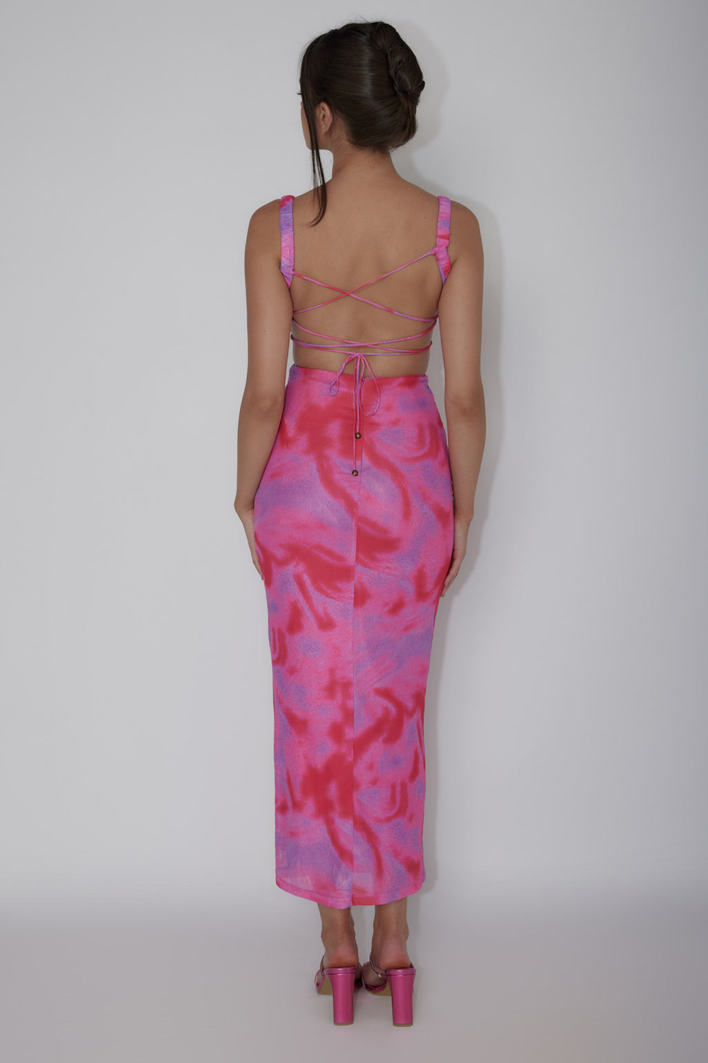 Dream Crush Lace-Up Back Side Split Maxi Dress Swirl Pink by Selfie Leslie Australia
