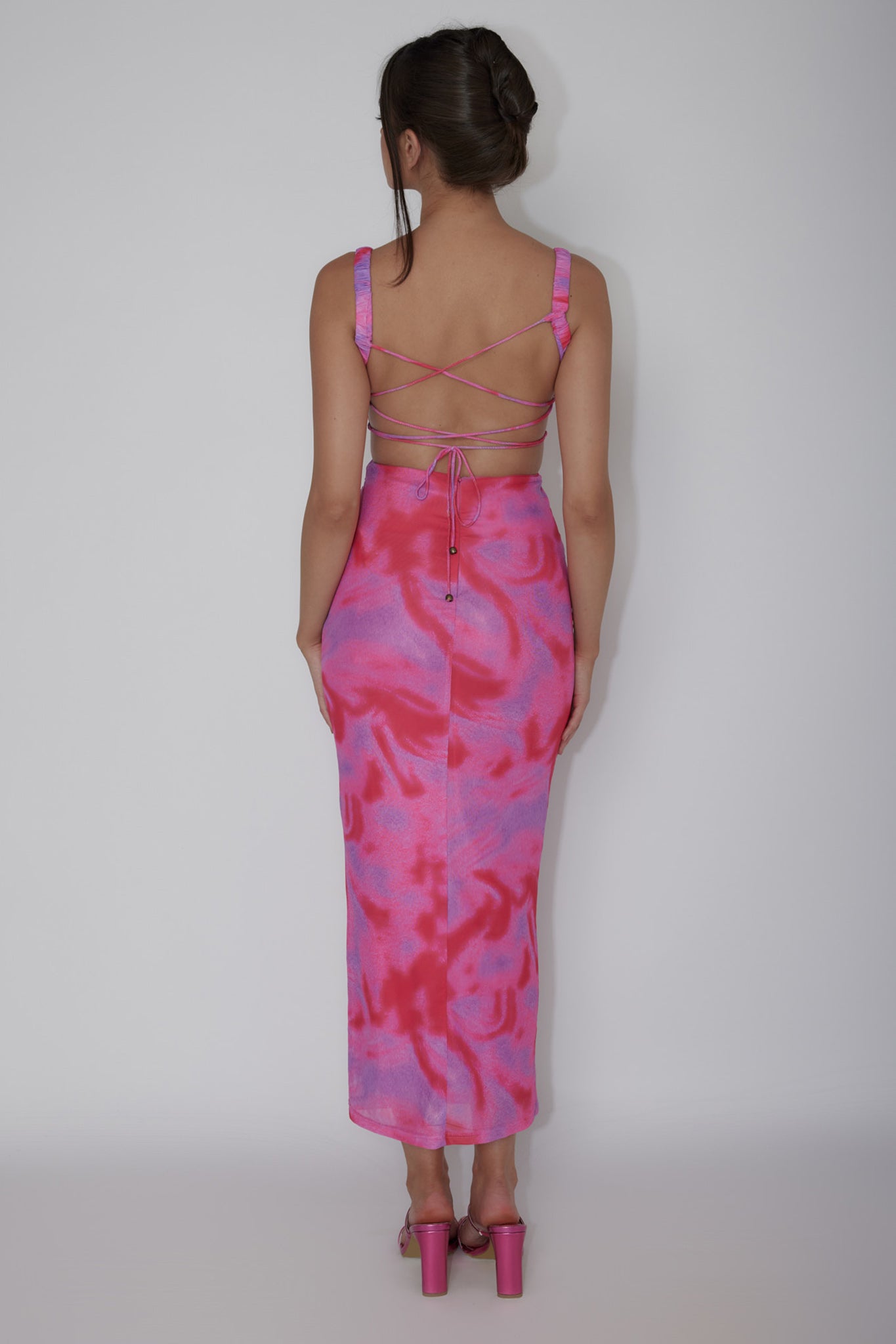 Dream Crush Lace-Up Back Side Split Maxi Dress Swirl Pink by Selfie Leslie Australia