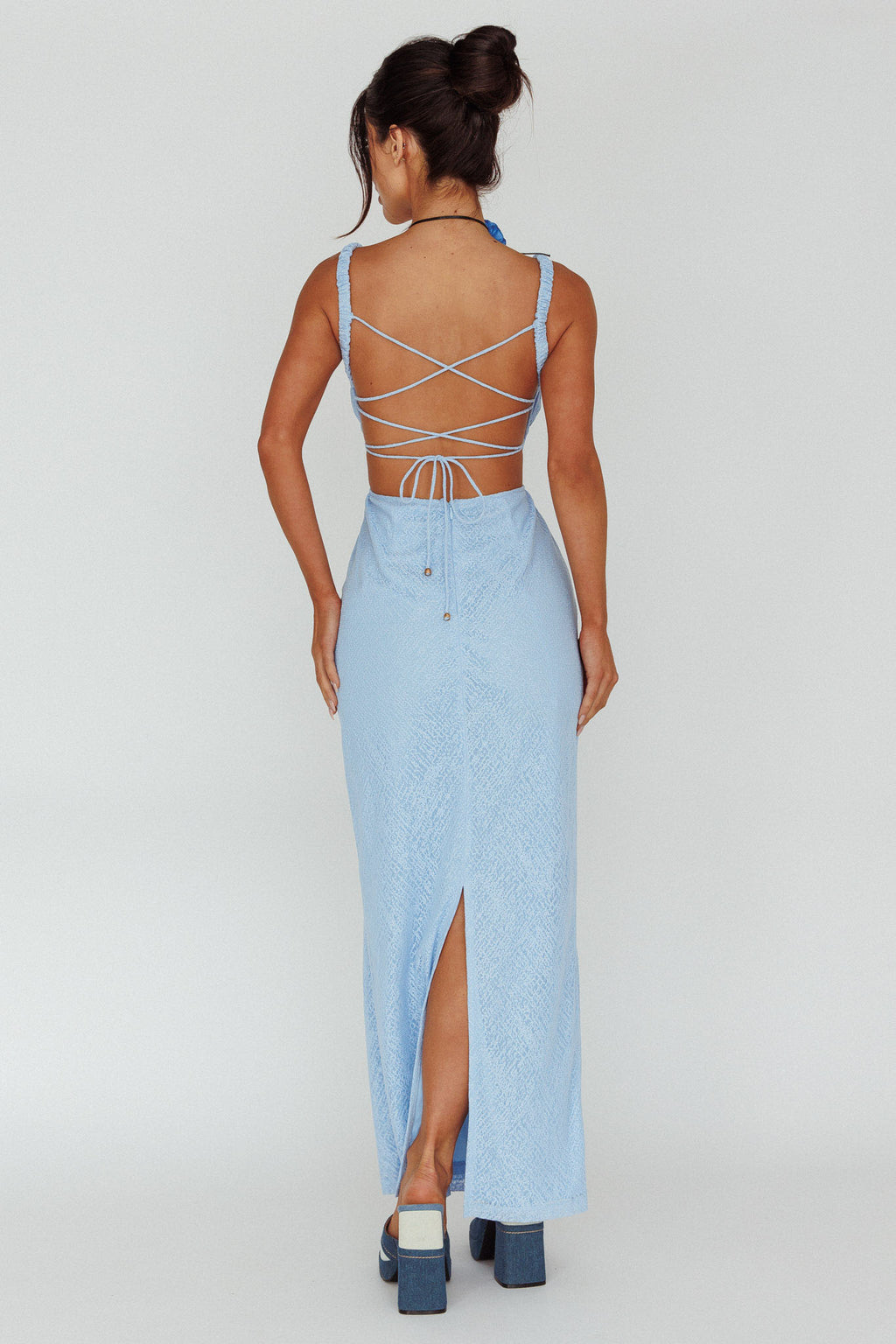 Dream Crush Lace-Up Back Mesh Overlay Midi Dress Blue by Selfie Leslie Australia