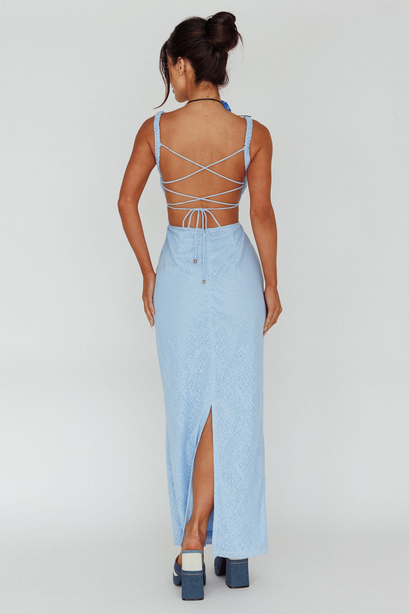 Dream Crush Lace-Up Back Mesh Overlay Midi Dress Blue by Selfie Leslie Australia