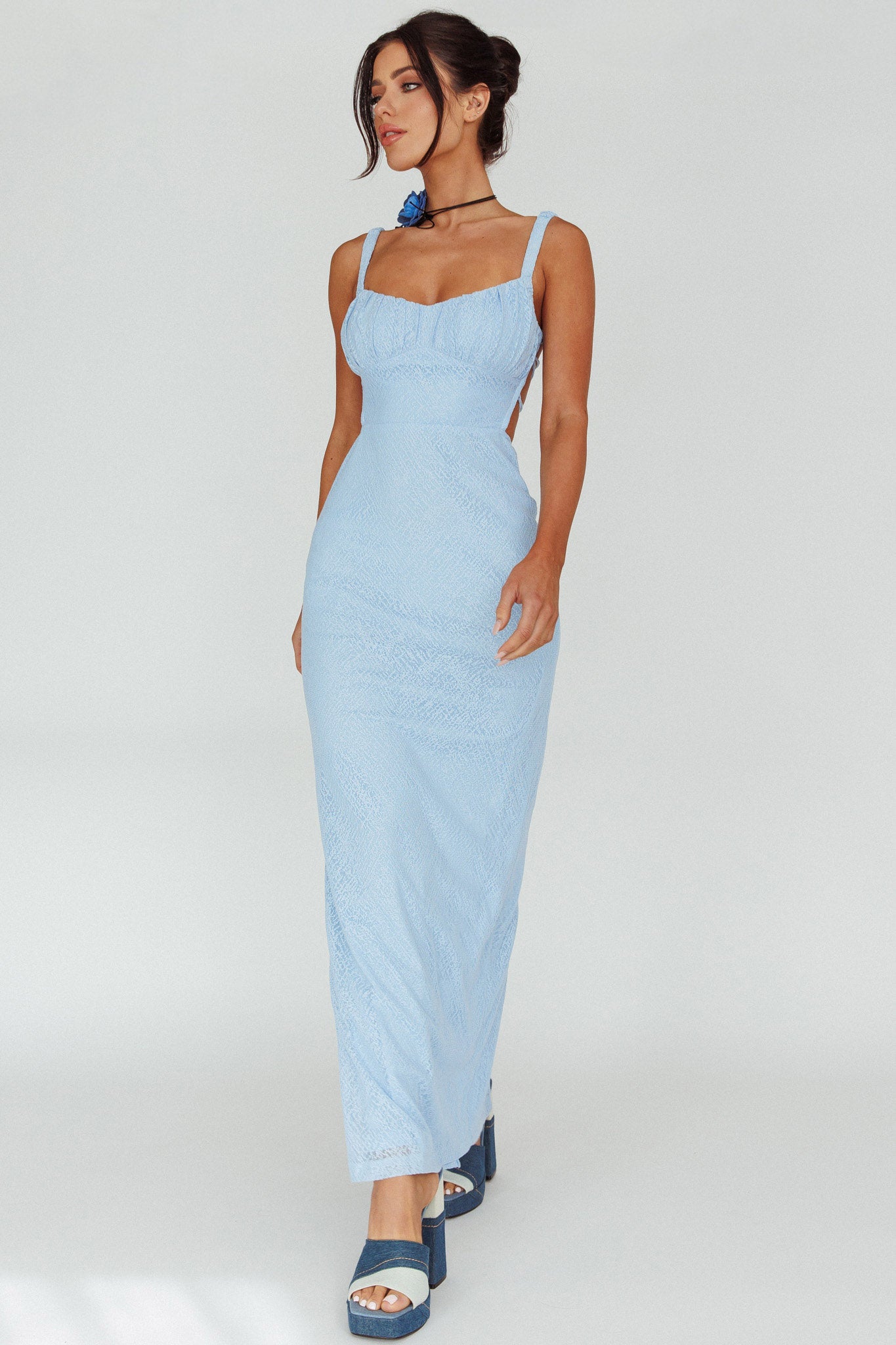 Dream Crush Lace-Up Back Mesh Overlay Midi Dress Blue by Selfie Leslie Australia