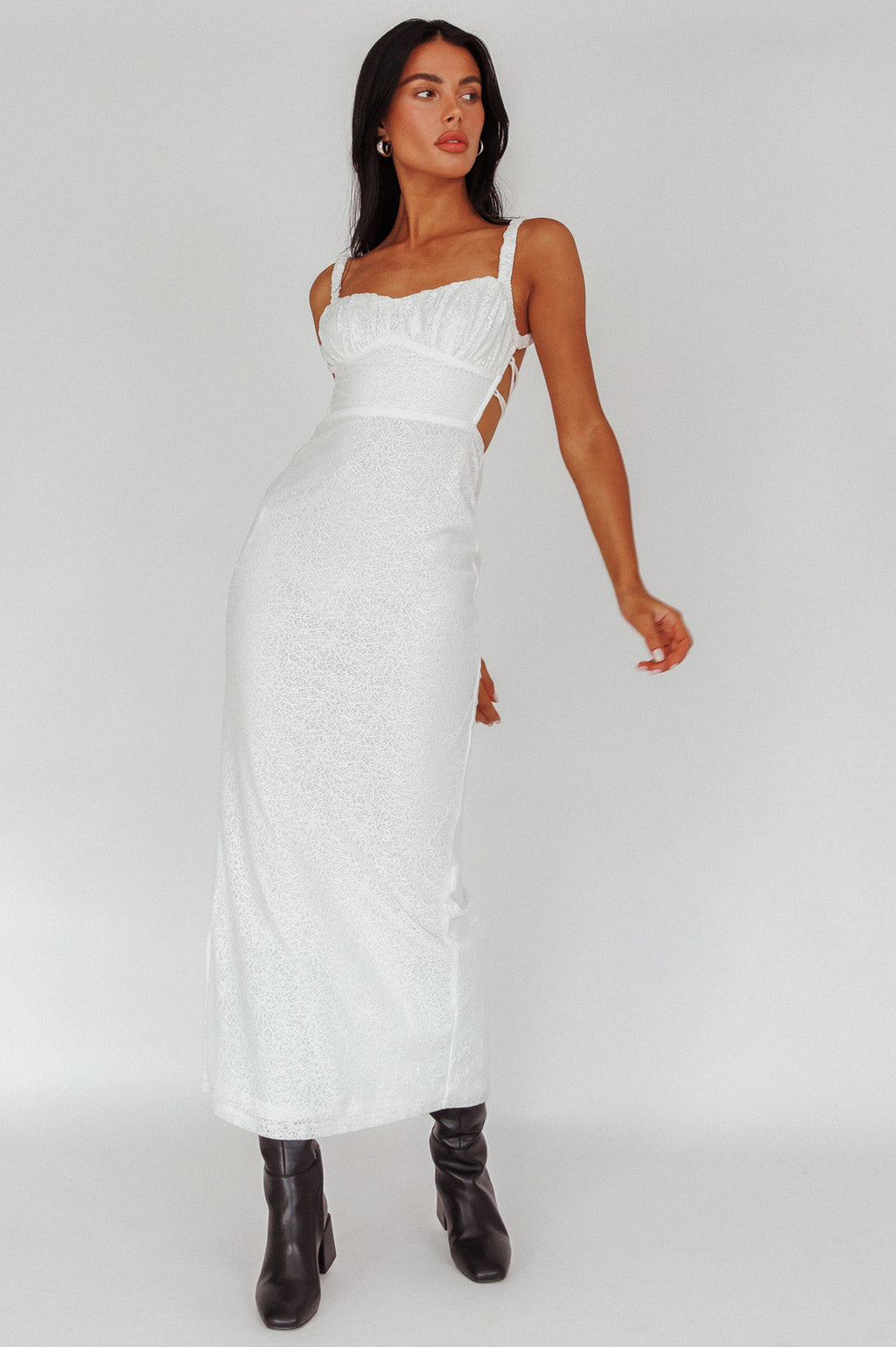 Dream Crush Lace-Up Back Mesh Overlay Midi Dress White by Selfie Leslie Australia