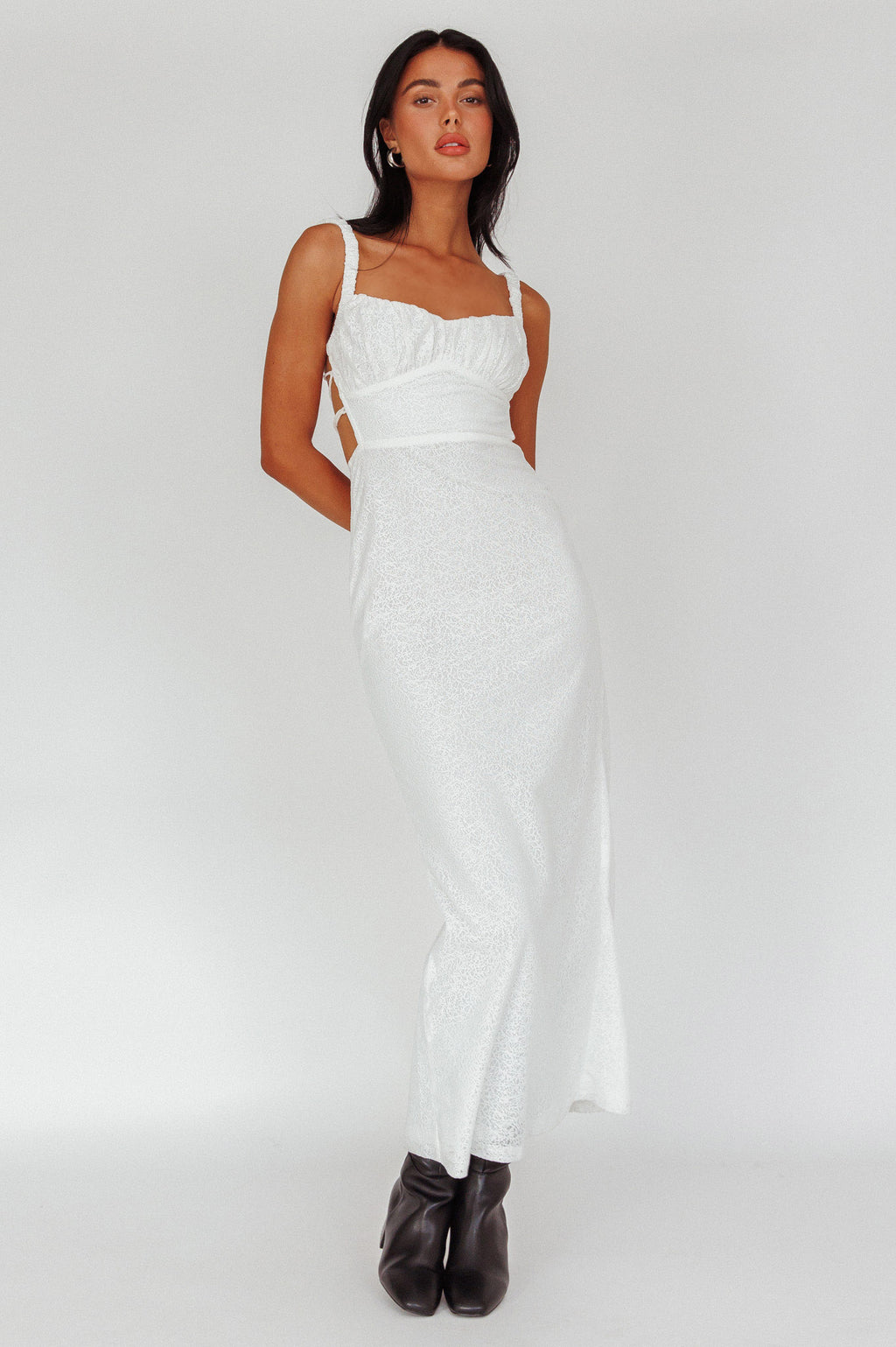 Dream Crush Lace-Up Back Mesh Overlay Midi Dress White by Selfie Leslie Australia