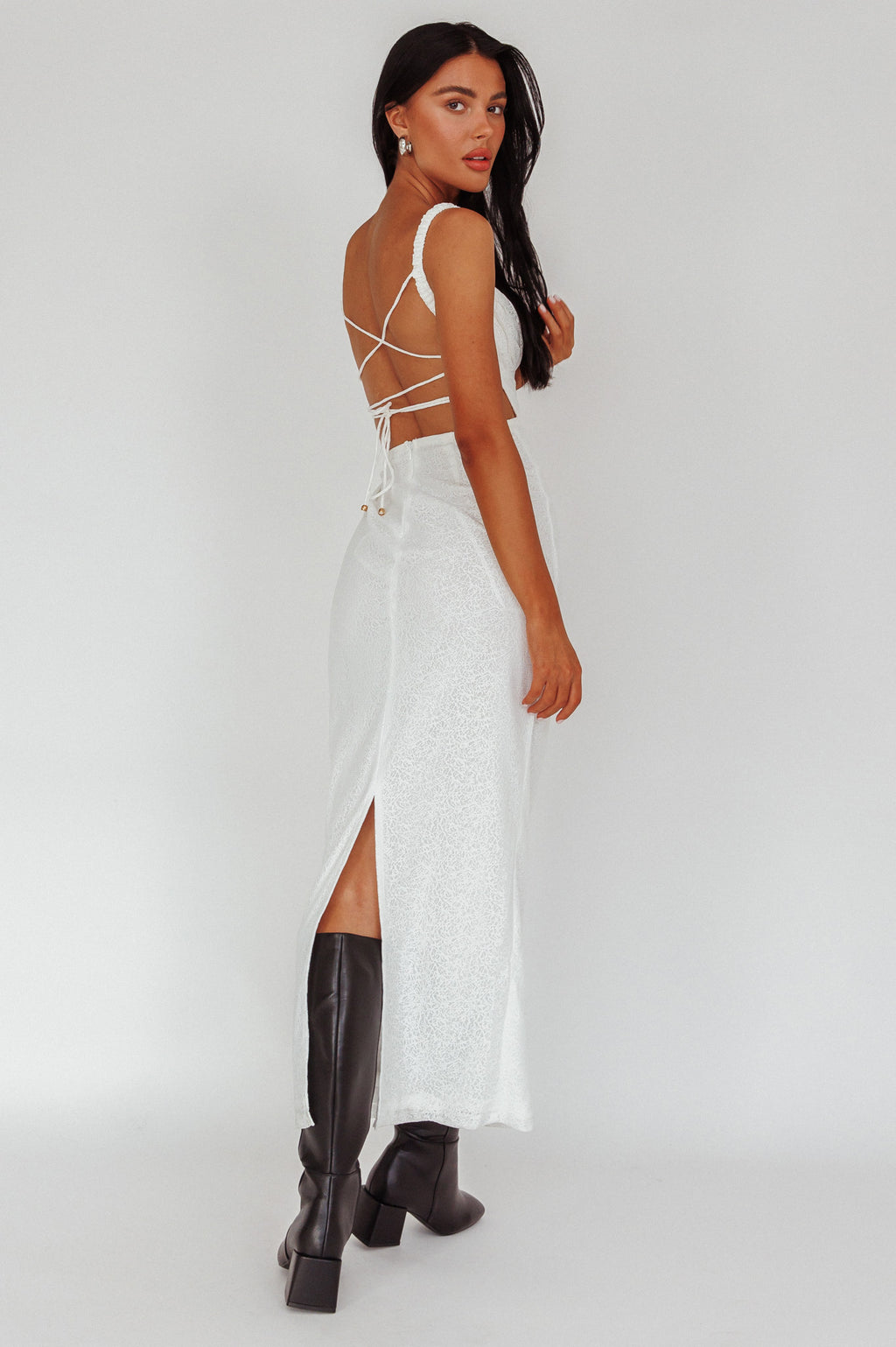 Dream Crush Lace-Up Back Mesh Overlay Midi Dress White by Selfie Leslie Australia