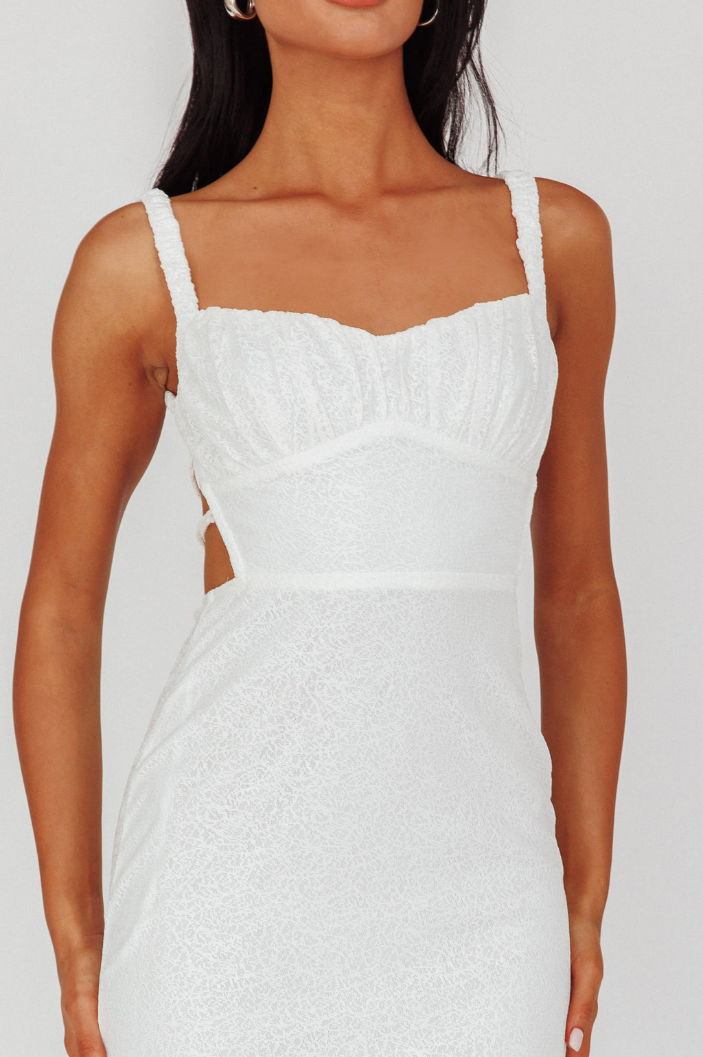 Dream Crush Lace-Up Back Mesh Overlay Midi Dress White by Selfie Leslie Australia