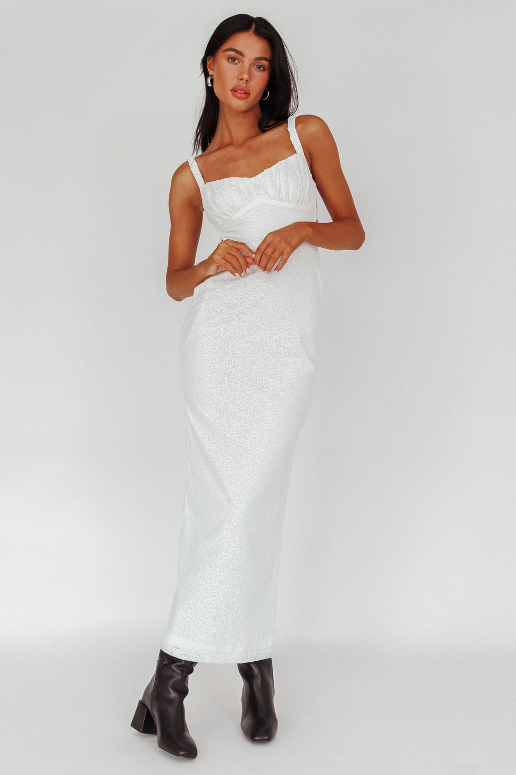Dream Crush Lace-Up Back Mesh Overlay Midi Dress White by Selfie Leslie Australia
