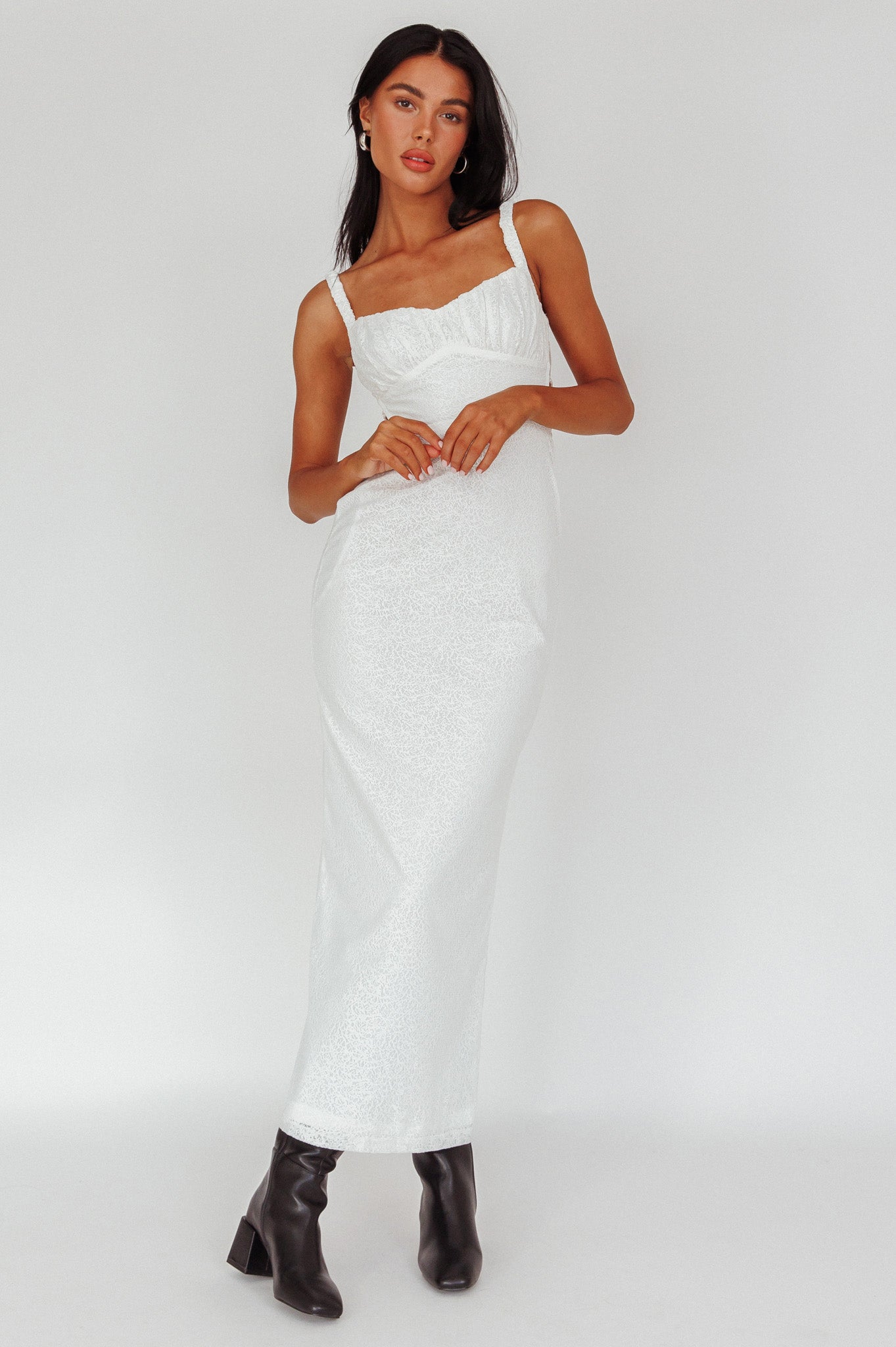 Dream Crush Lace-Up Back Mesh Overlay Midi Dress White by Selfie Leslie Australia