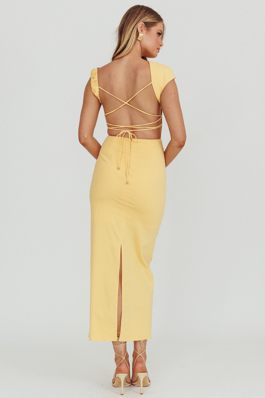 Dream Crush Asymmetric Neckline Midi Dress Lemon by Selfie Leslie Australia