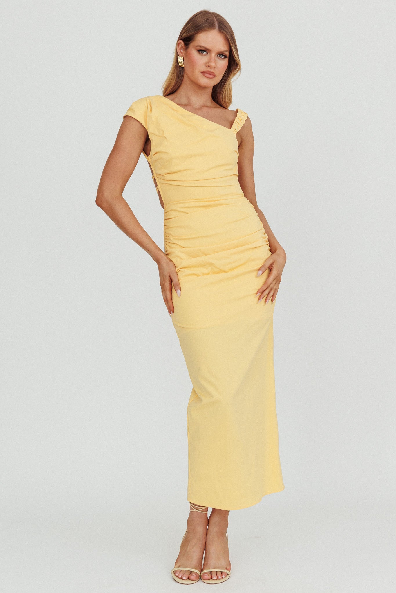 Dream Crush Asymmetric Neckline Midi Dress Lemon by Selfie Leslie Australia