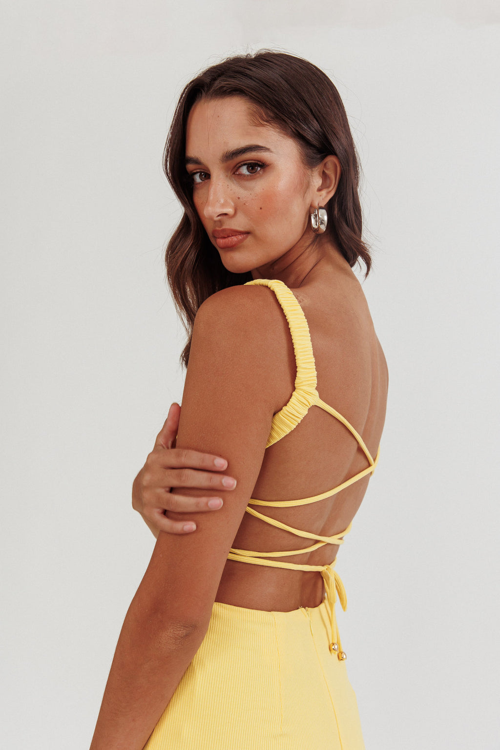 Dream Crush Lace-Up Back Side Split Midi Dress Lemon by Selfie Leslie Australia