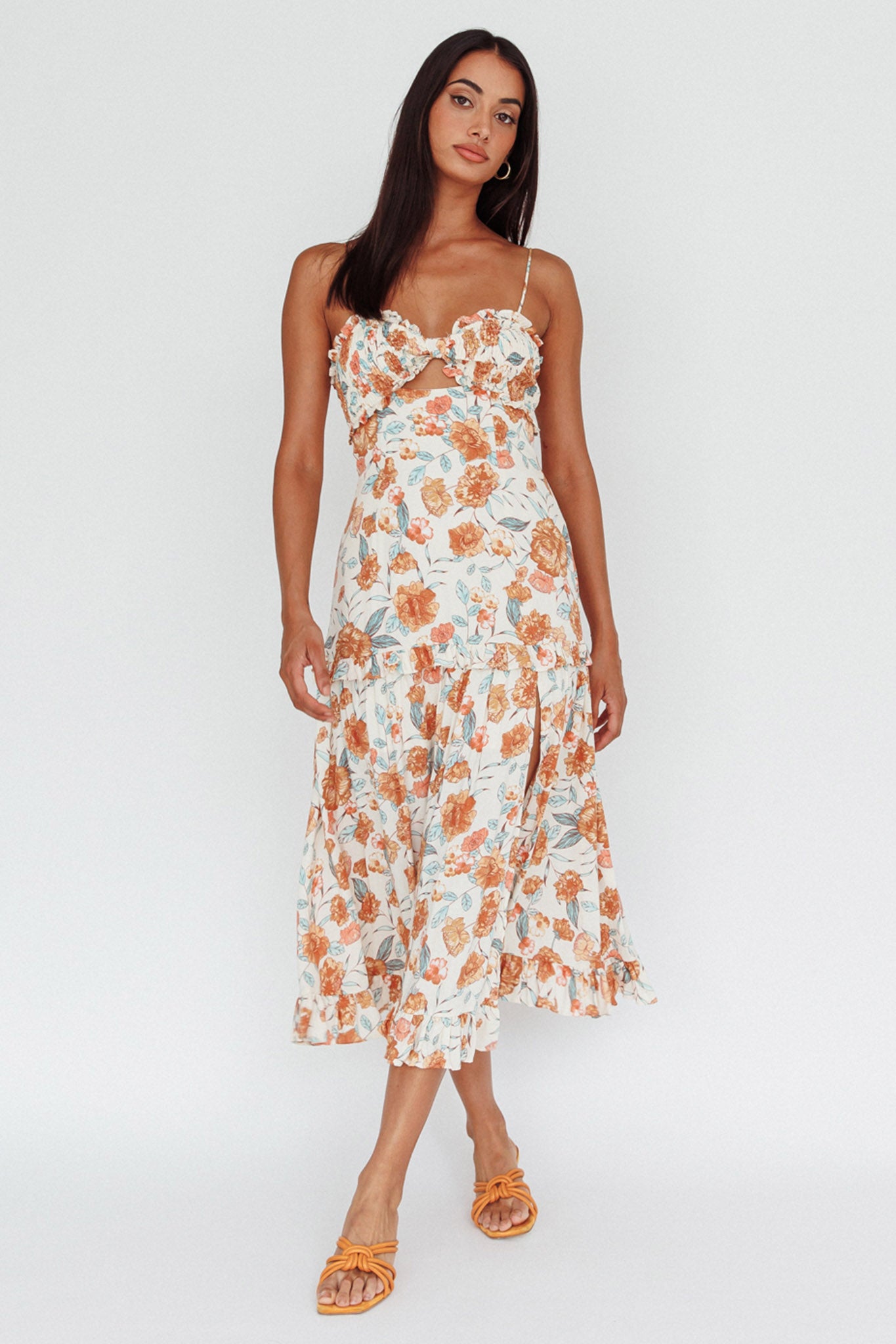 Everglow Shirred Bust Midi Dress Floral Beige by Selfie Leslie Australia