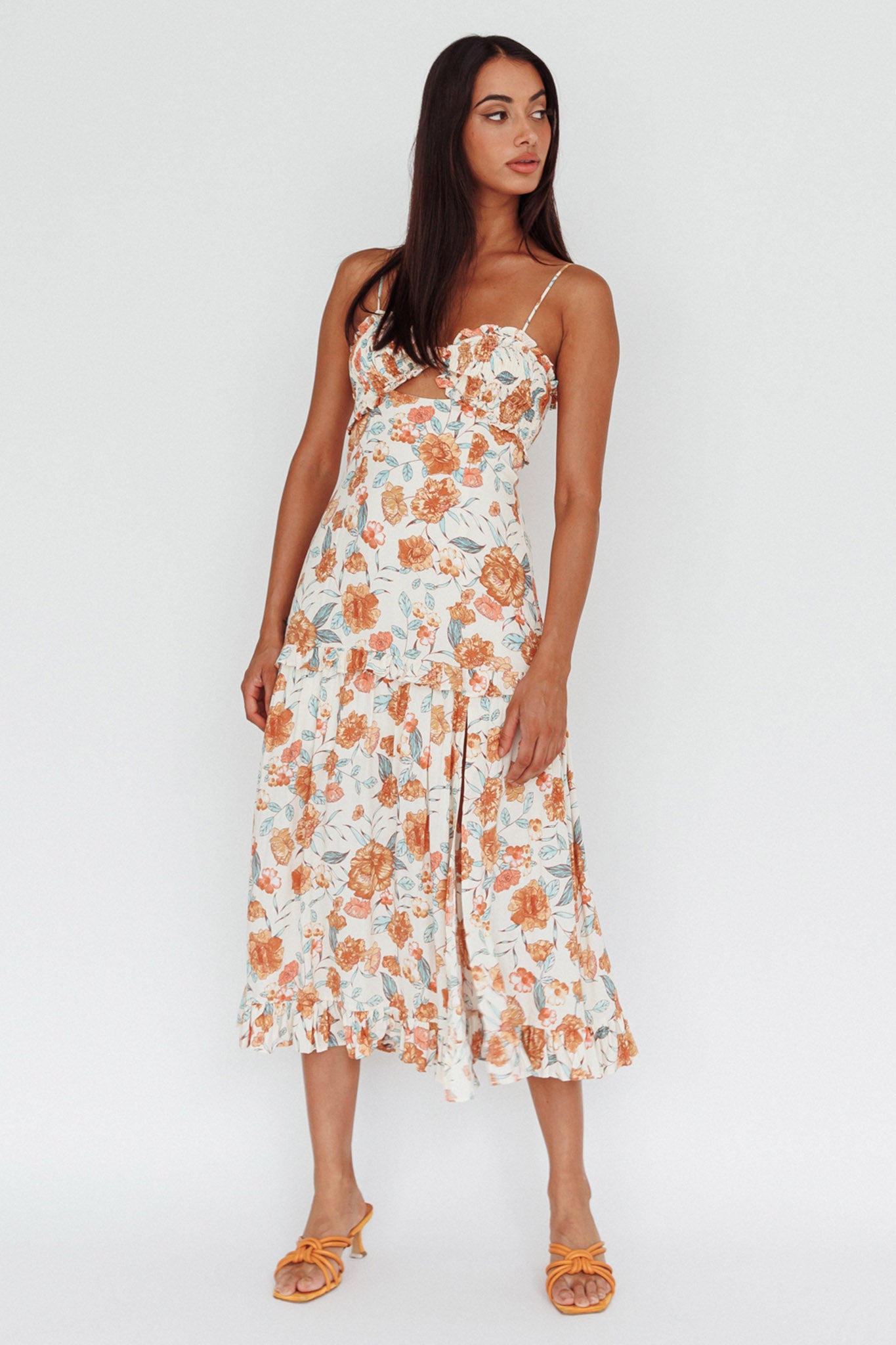 Everglow Shirred Bust Midi Dress Floral Beige by Selfie Leslie Australia