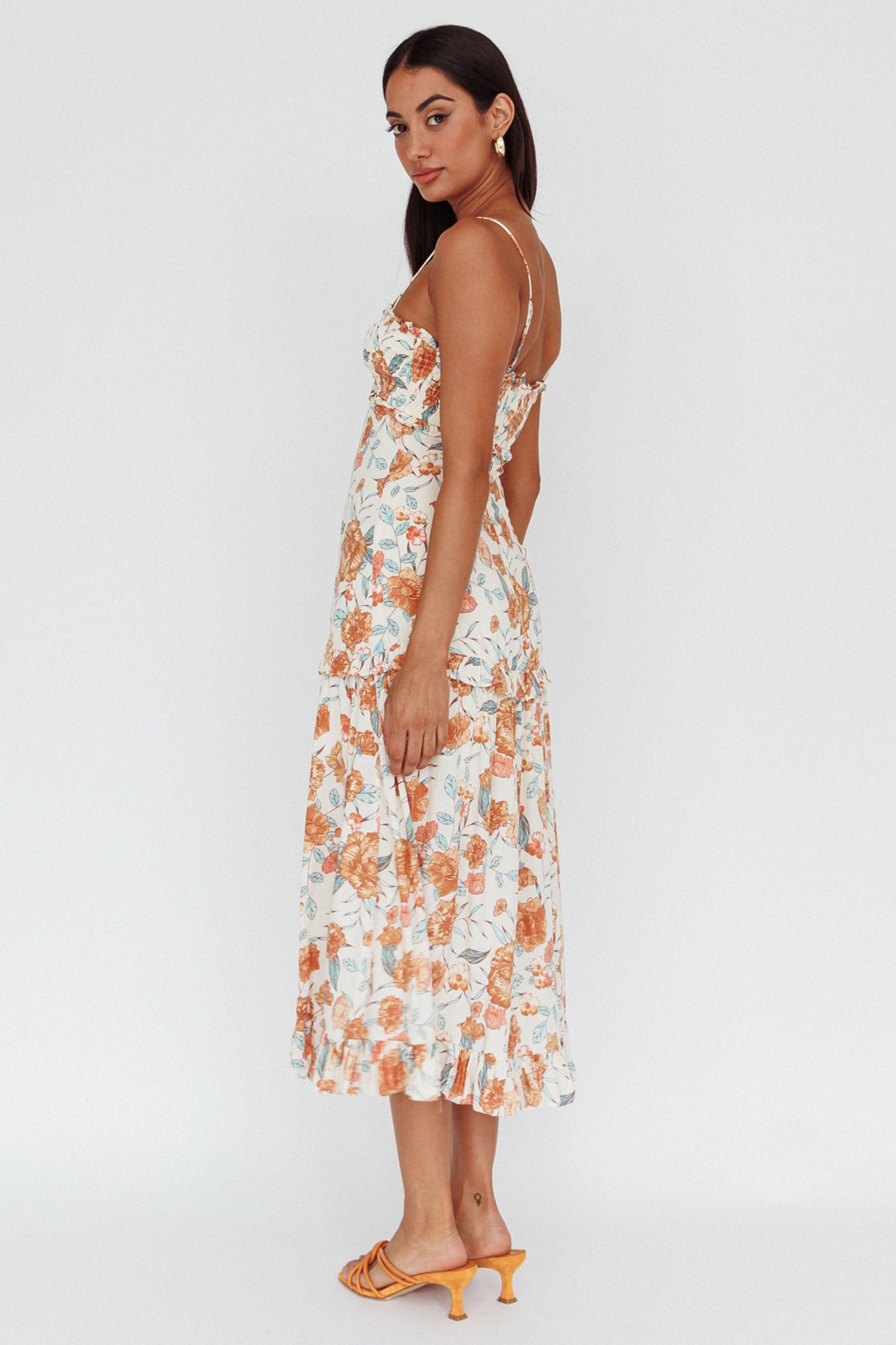 Everglow Shirred Bust Midi Dress Floral Beige by Selfie Leslie Australia