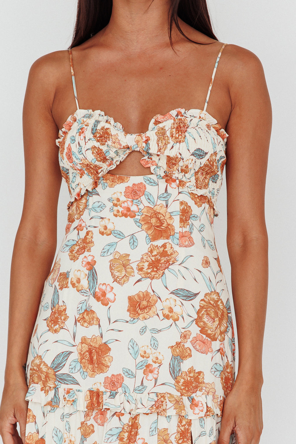 Everglow Shirred Bust Midi Dress Floral Beige by Selfie Leslie Australia