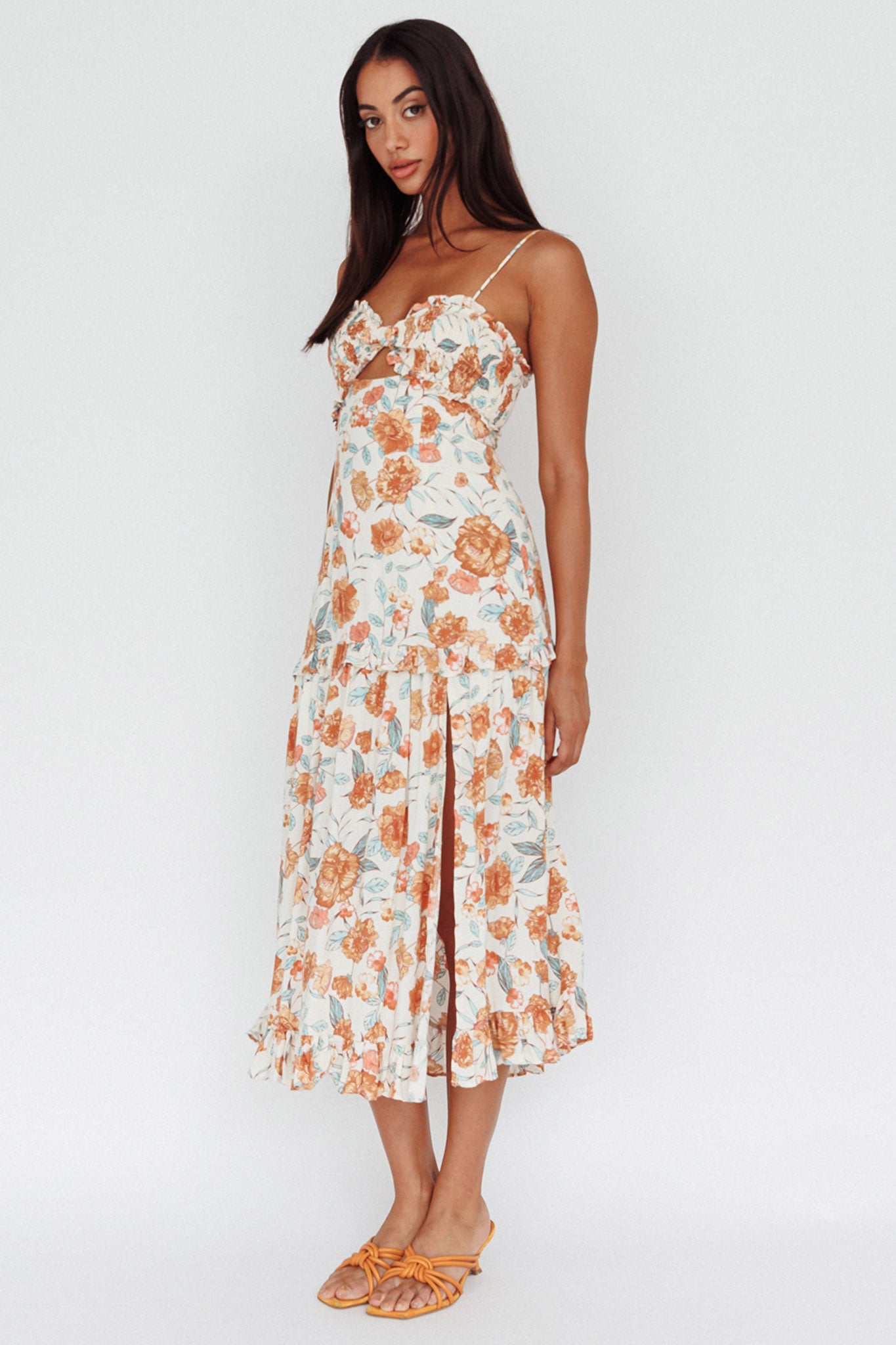 Everglow Shirred Bust Midi Dress Floral Beige by Selfie Leslie Australia