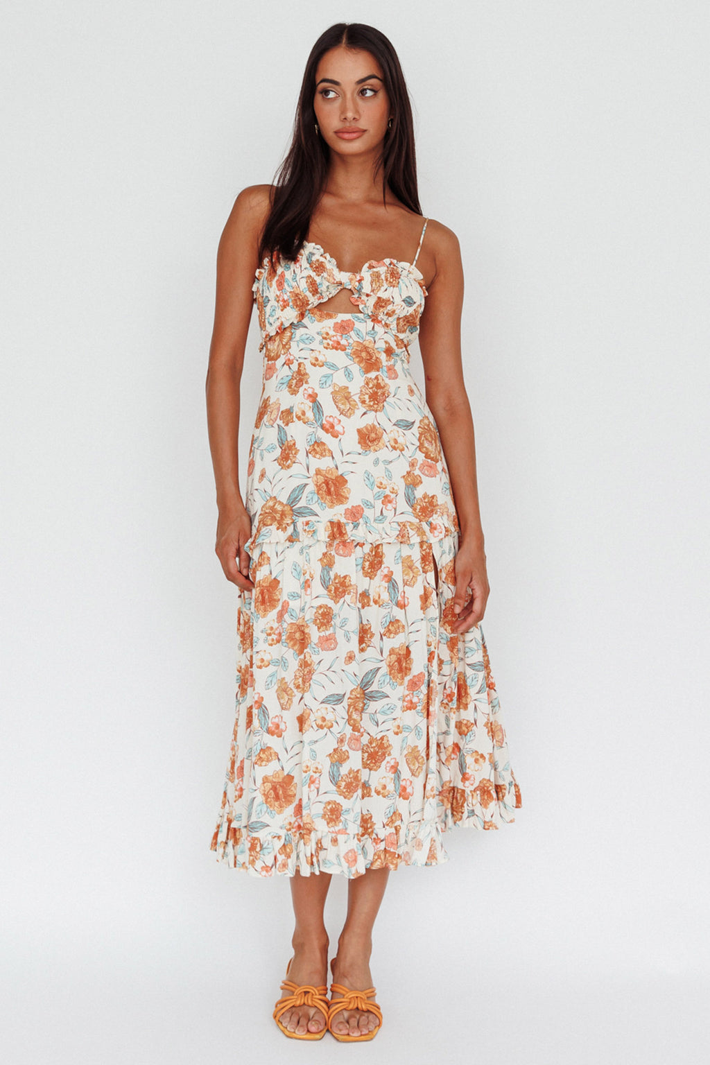 Everglow Shirred Bust Midi Dress Floral Beige by Selfie Leslie Australia