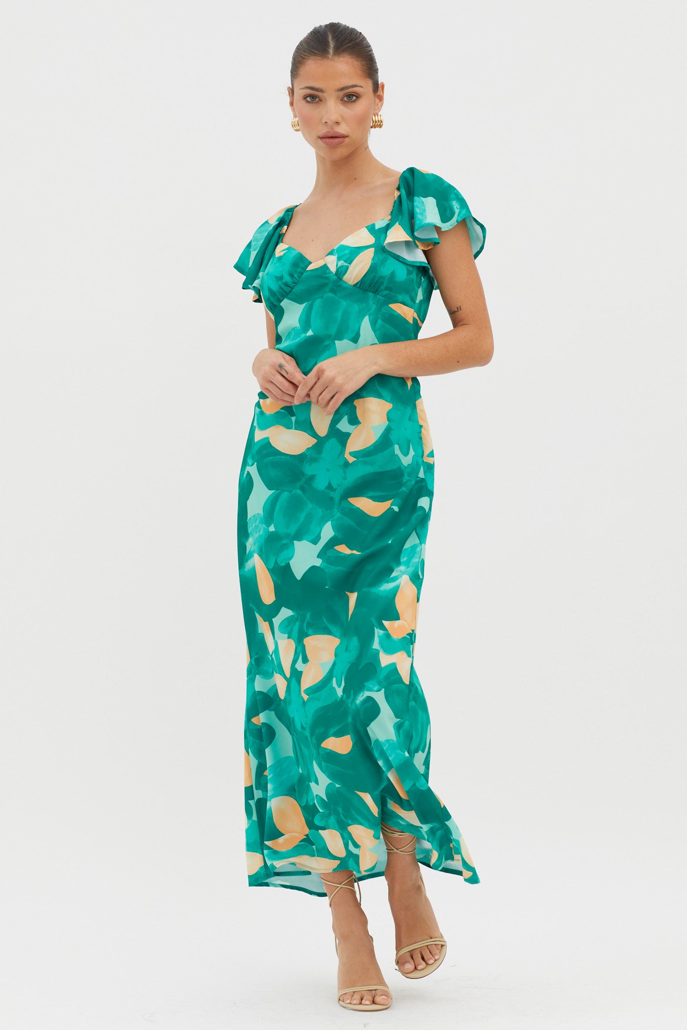 Park Avenue Flutter Sleeve Mini Dress Abstract Green by Selfie Leslie Australia
