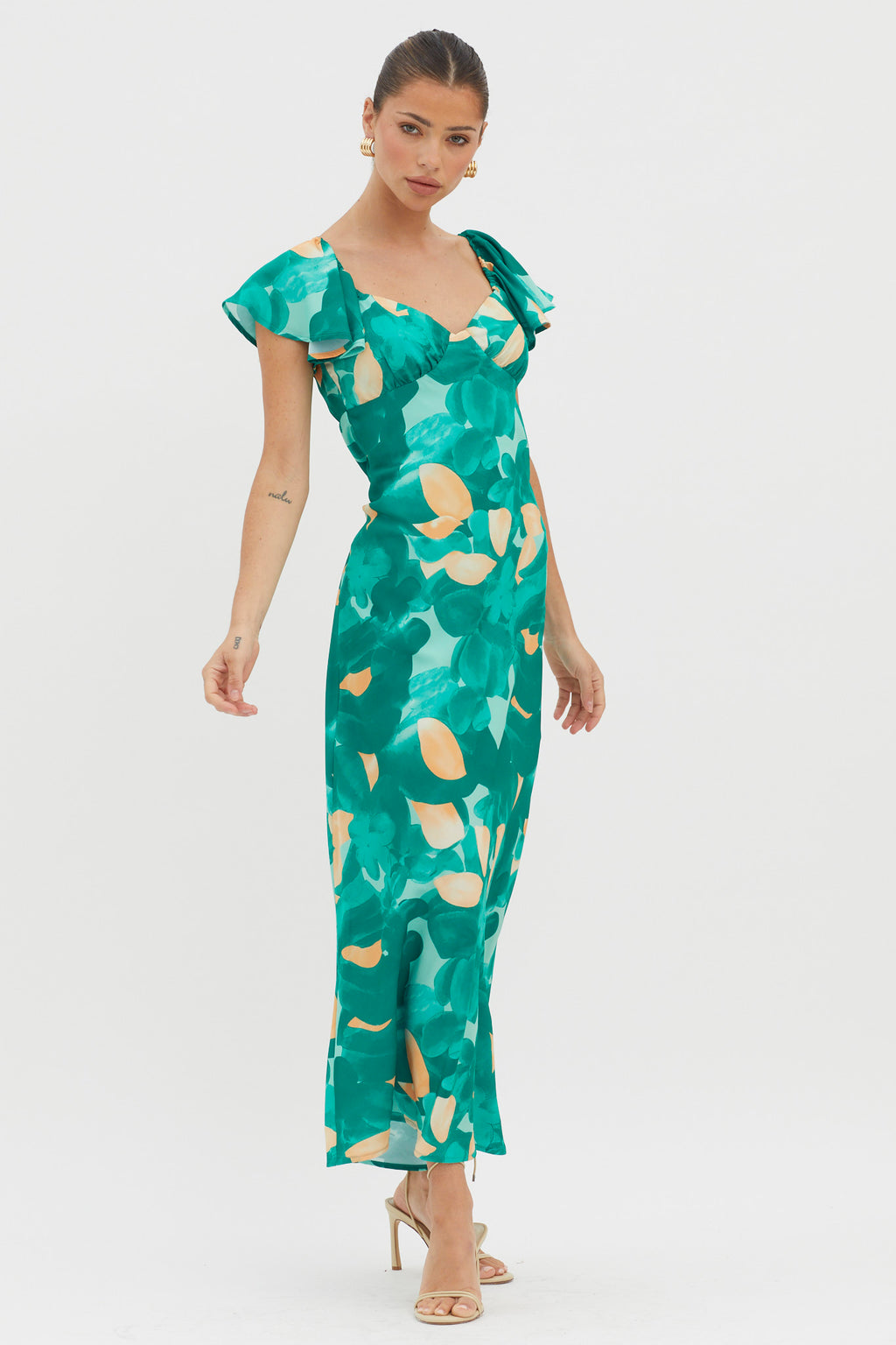 Park Avenue Flutter Sleeve Mini Dress Abstract Green by Selfie Leslie Australia