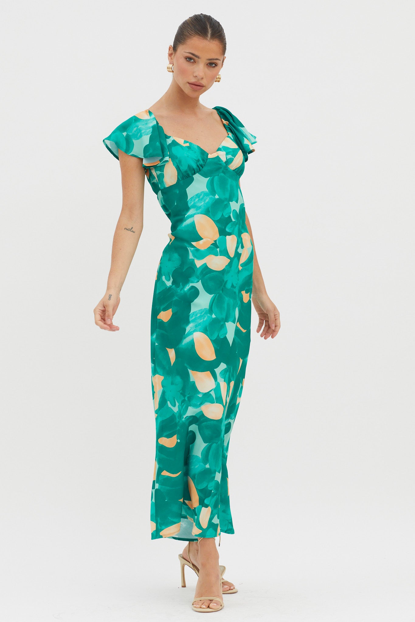 Park Avenue Flutter Sleeve Mini Dress Abstract Green by Selfie Leslie Australia