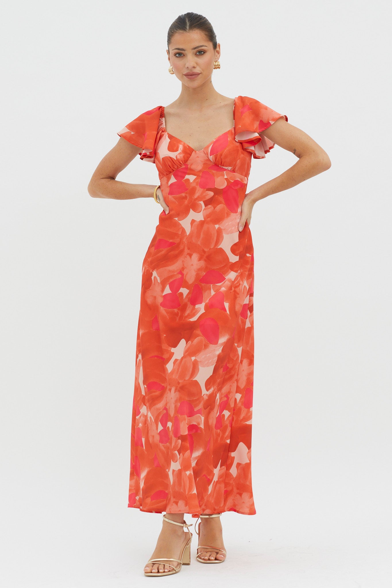 Park Avenue Flutter Sleeve Mini Dress Abstract Orange by Selfie Leslie Australia